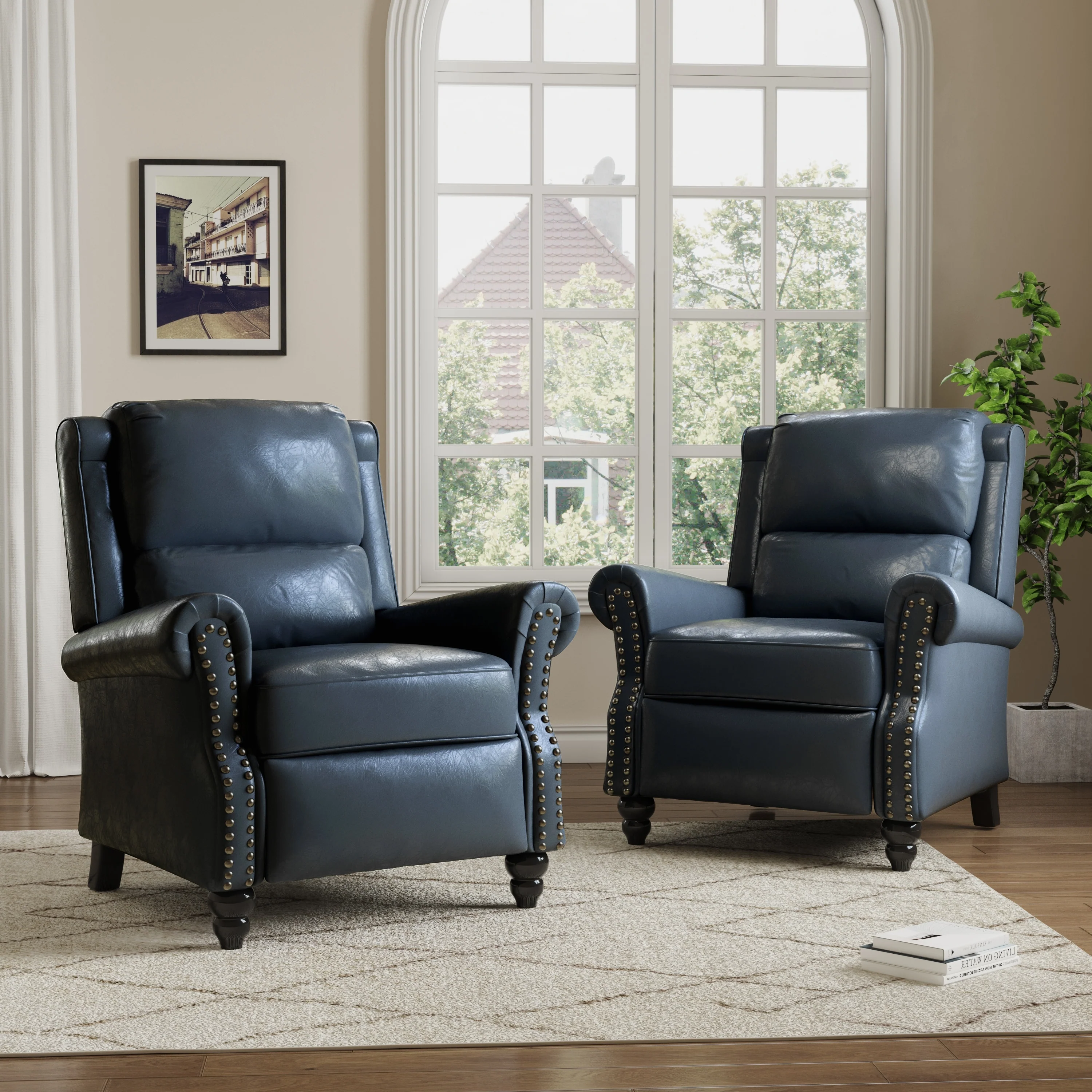 2 Set Manual Pushback Recliner Chair with Nailhead Trim