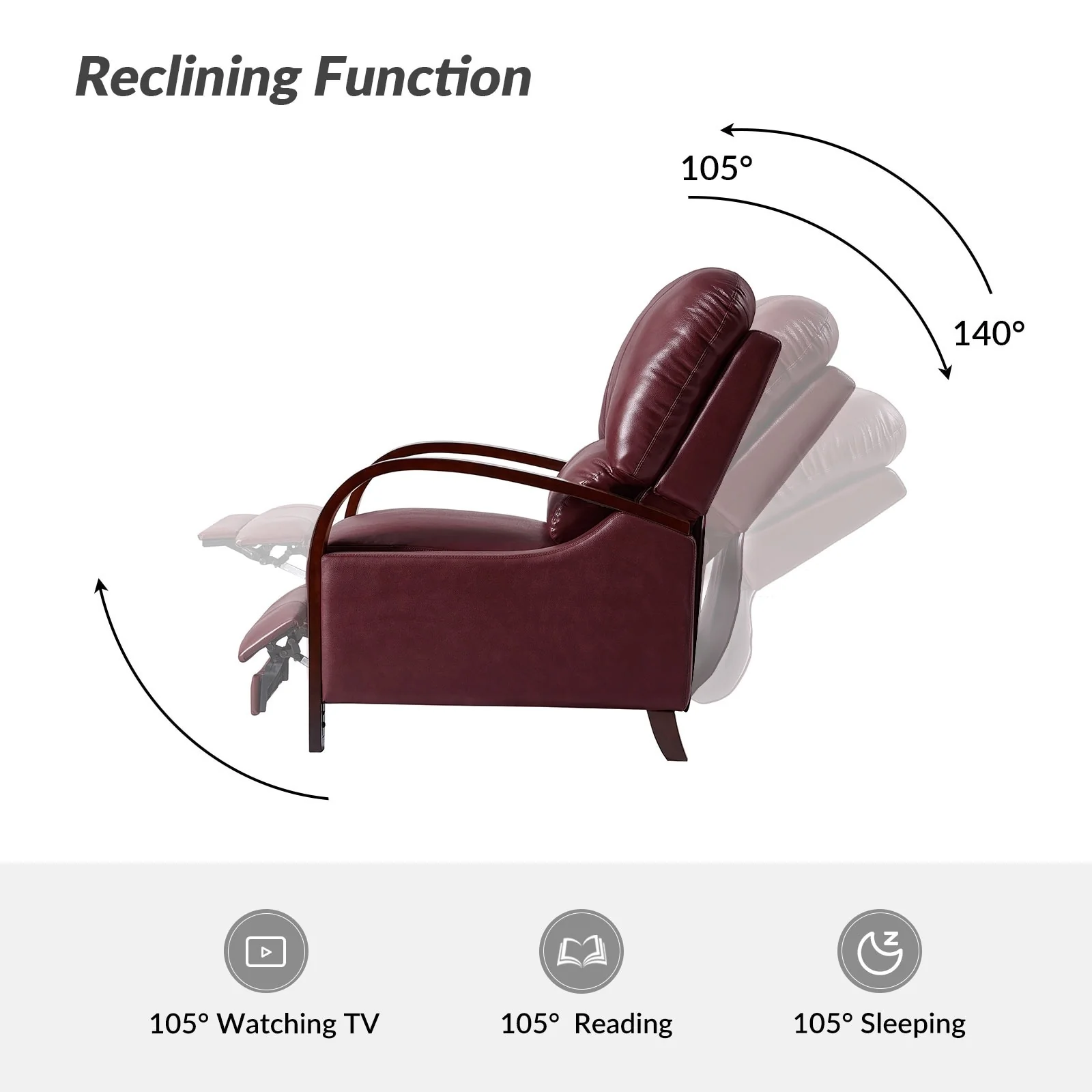Alex Mid-century Modern Cigar Genuine Leather Manual Recliner with Wooden Curved Arms