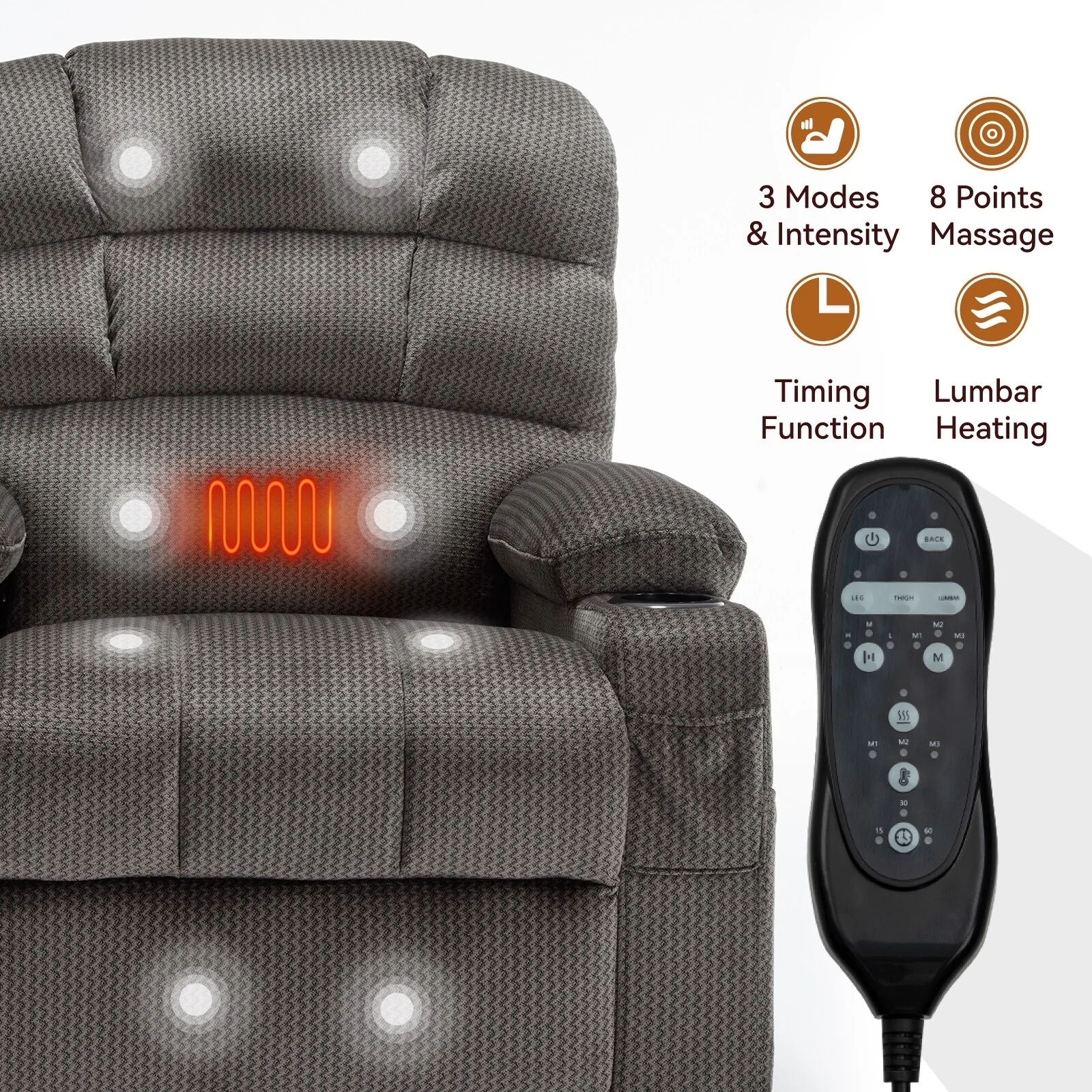 Chenille Power Lift Recliner with Massage, Heating & Cup Holders