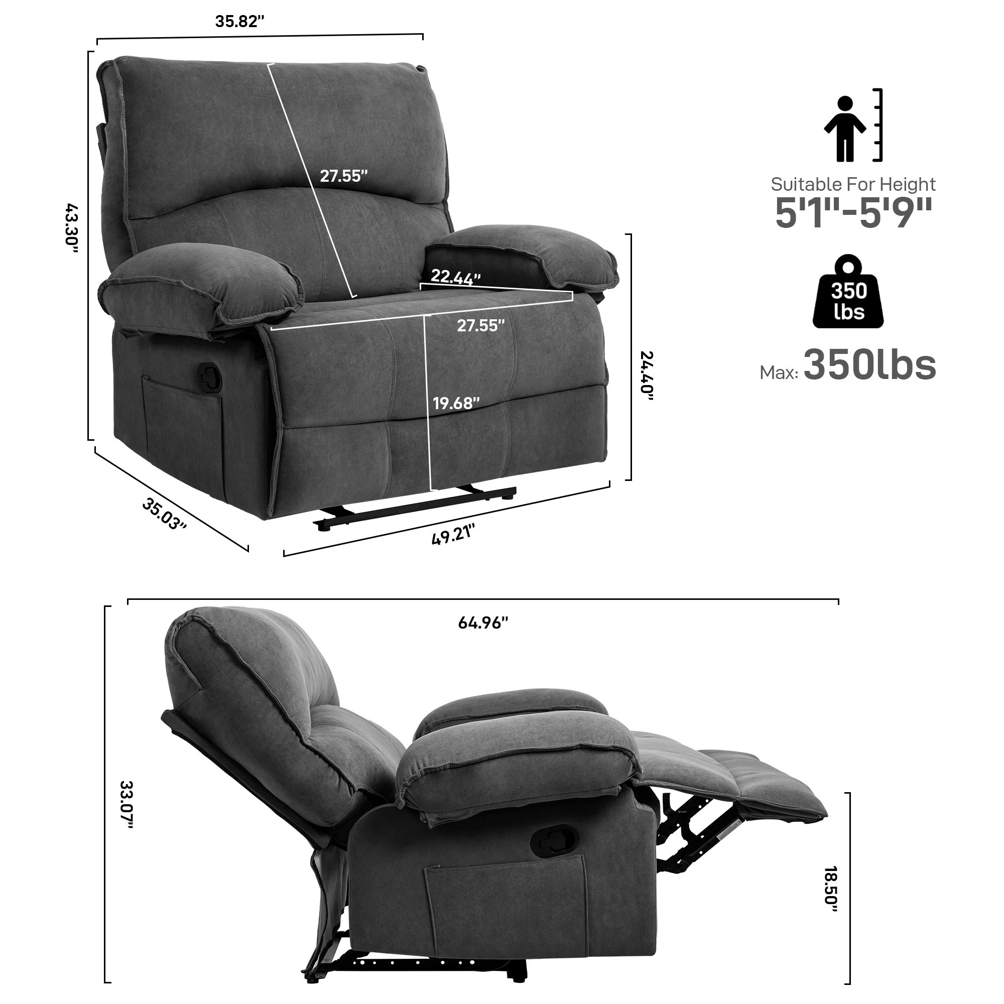 Grey Spacious Push-Back Recliner Sofa Chari with Super Soft Fleece Upholstery and Heated Massage Pillow