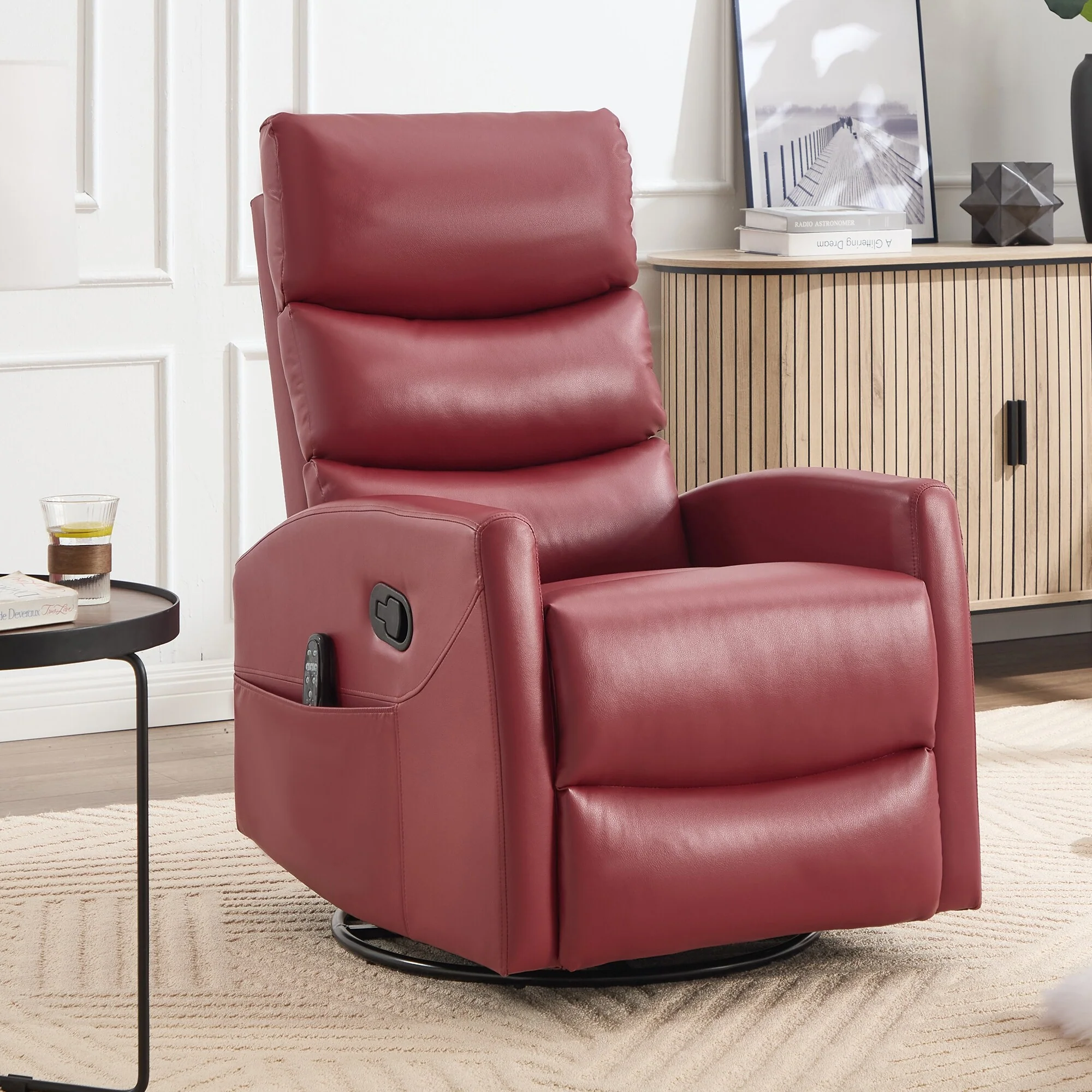 Heat Massage Manual Recliner Chair with Rocker and Swivel in Fabric for Living Room, Red