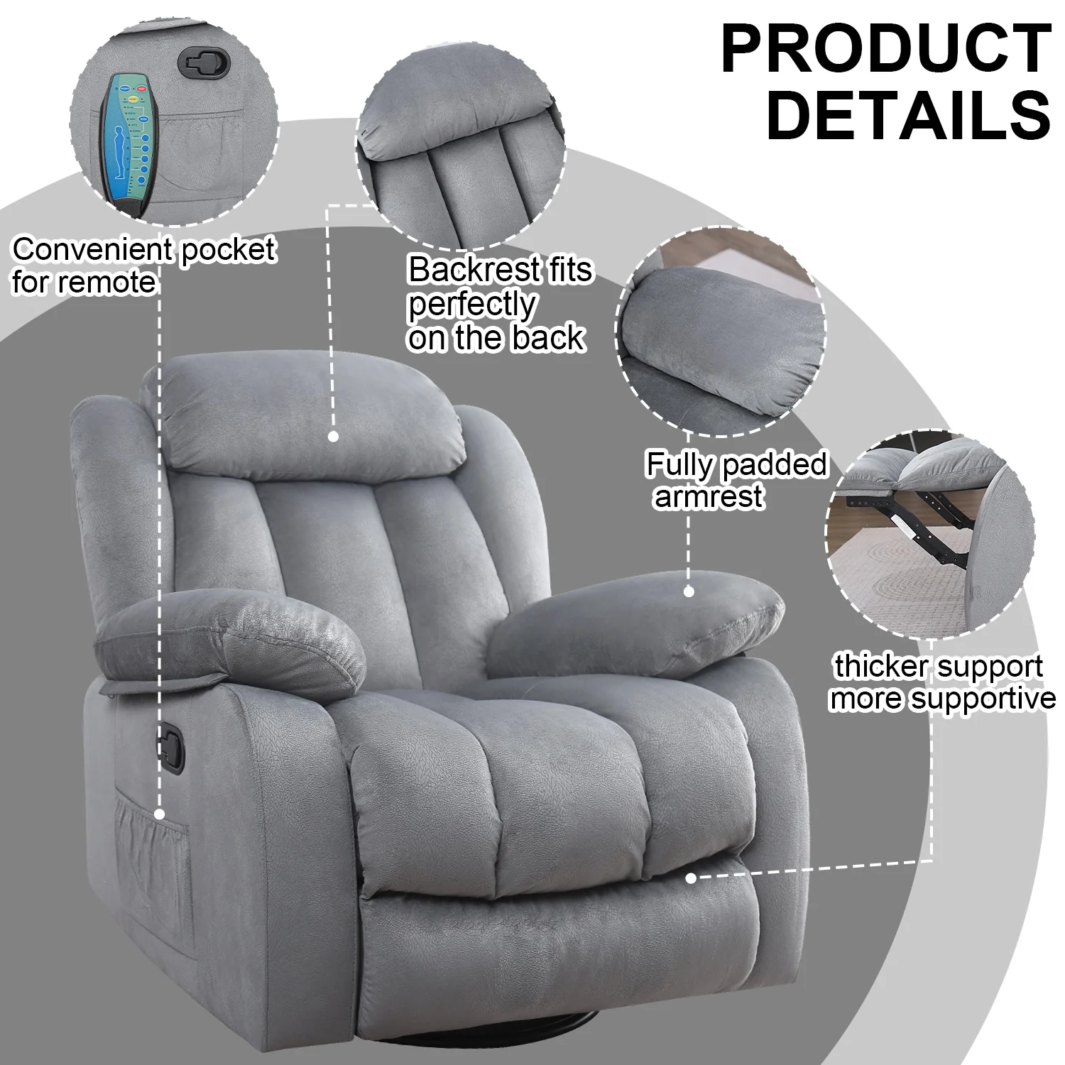 Soft Fabric Overstuff Manual Recliner with Massager and Heat