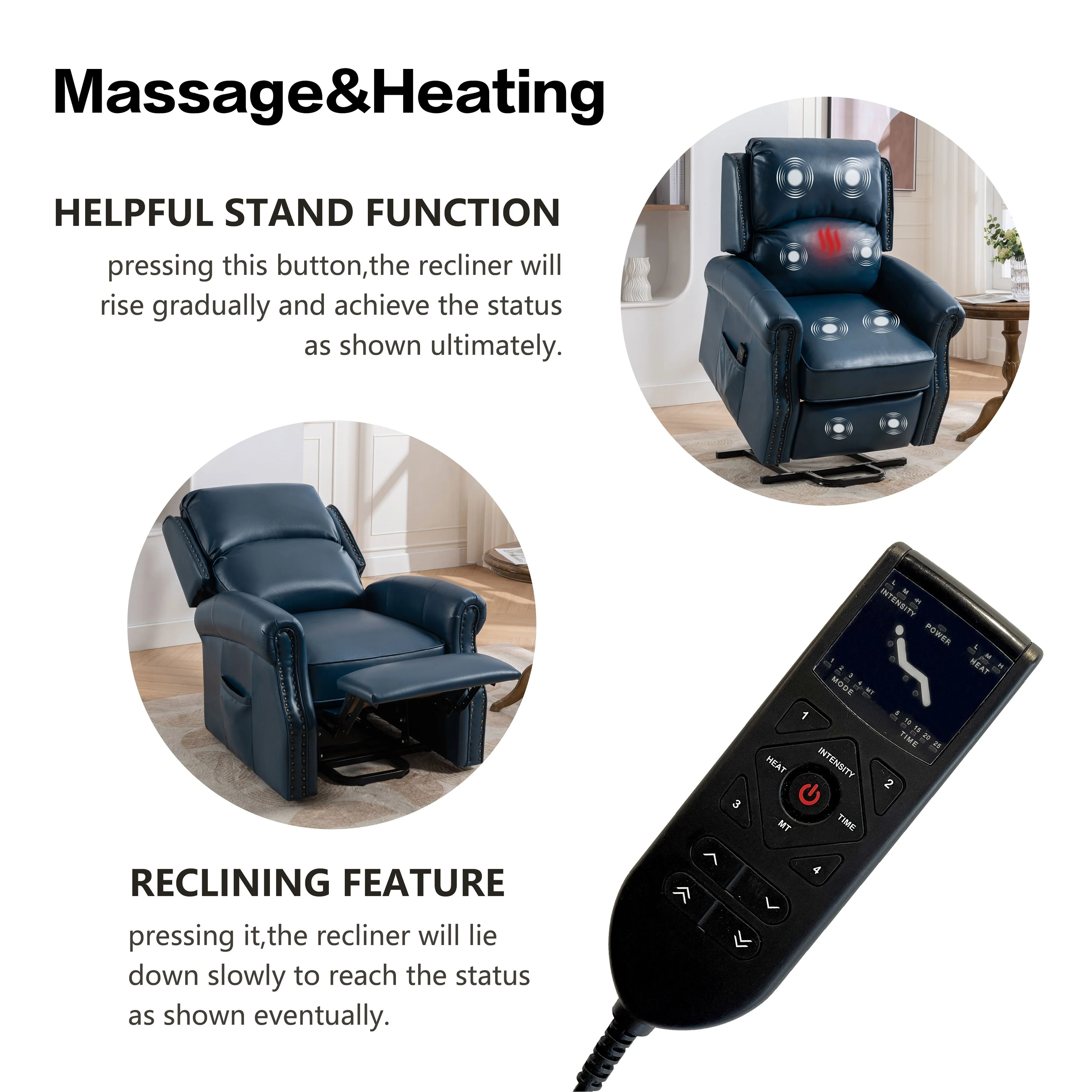 Blue Electric Power Lift Recliner with Massage, Heat, USB, and Side Pocket