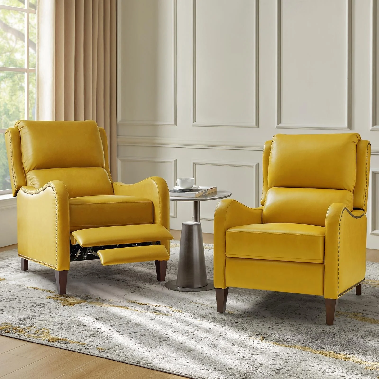 Brigida Modern Genuine Leather Nailhead Trim Recliner with Adjustable Footrest Set of 2 by HULALA HOME