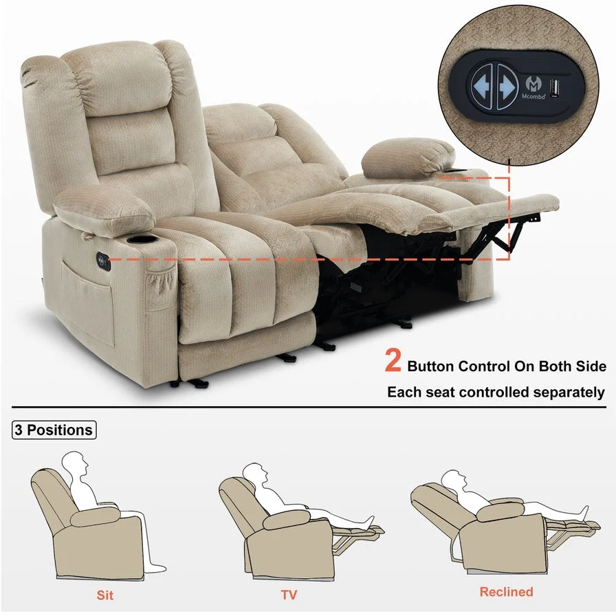MCombo Power Reclining Loveseat Sofa with Heat and Massage, Fabric PR648