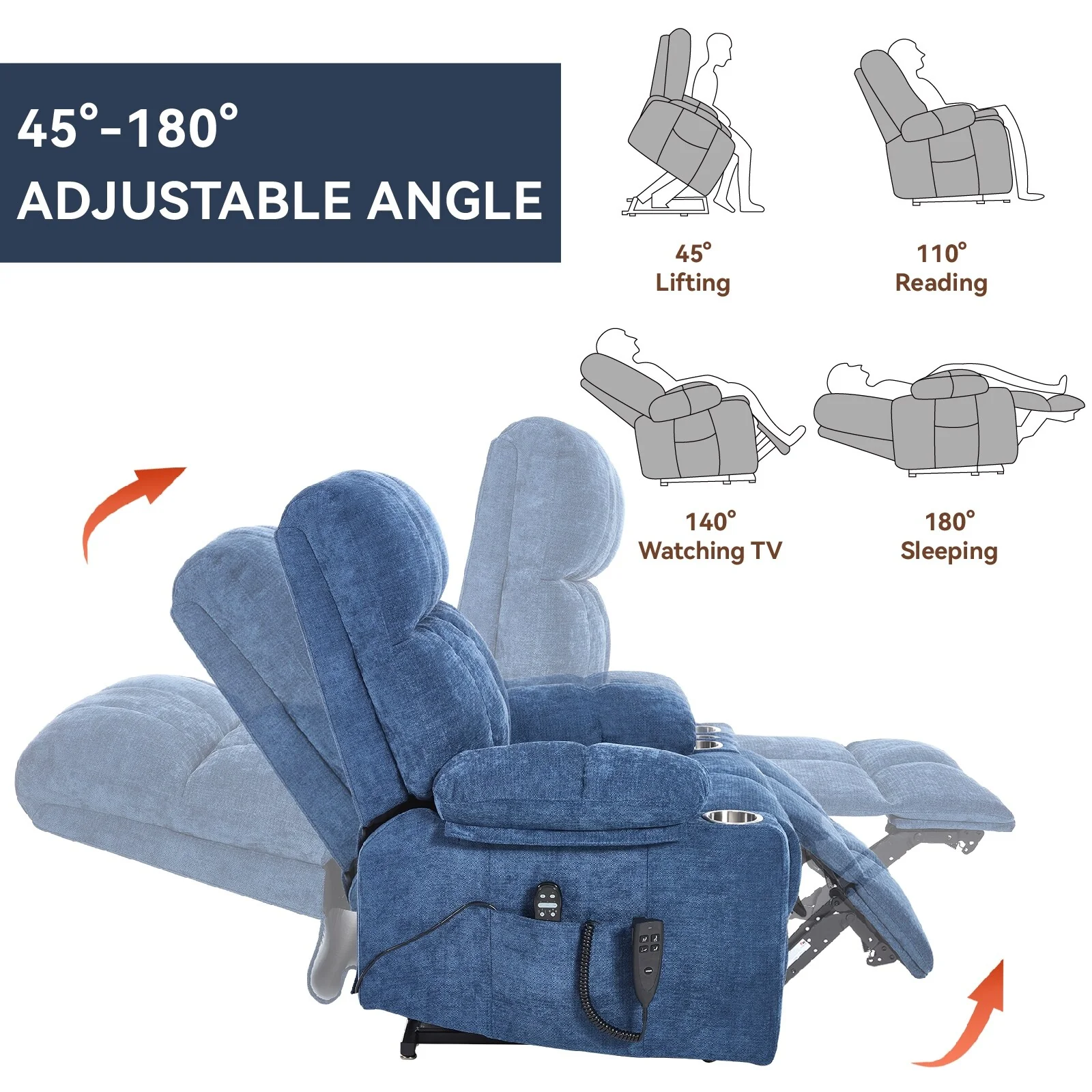 Lift Recliner Chair, Heavy Duty Motion Mechanism with 8-Point Vibration Massage and Lumbar Heating, Dual Cup Holders