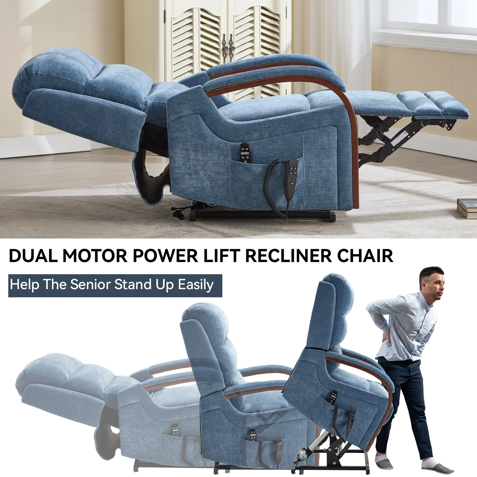 Chenille Power Lift Recliner with Massage & Wood Armrests