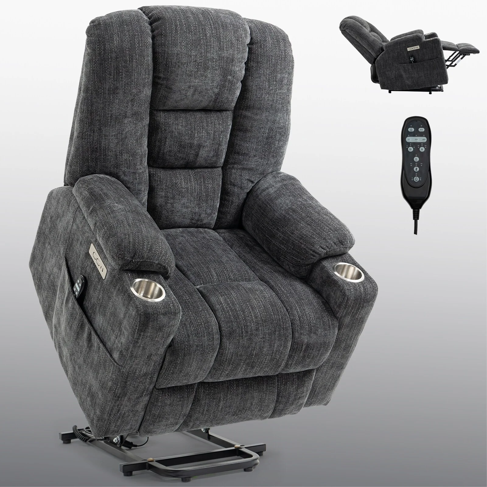 Grey Large Power Lift Recliner with Massage, Heat, USB, and Cup Holders