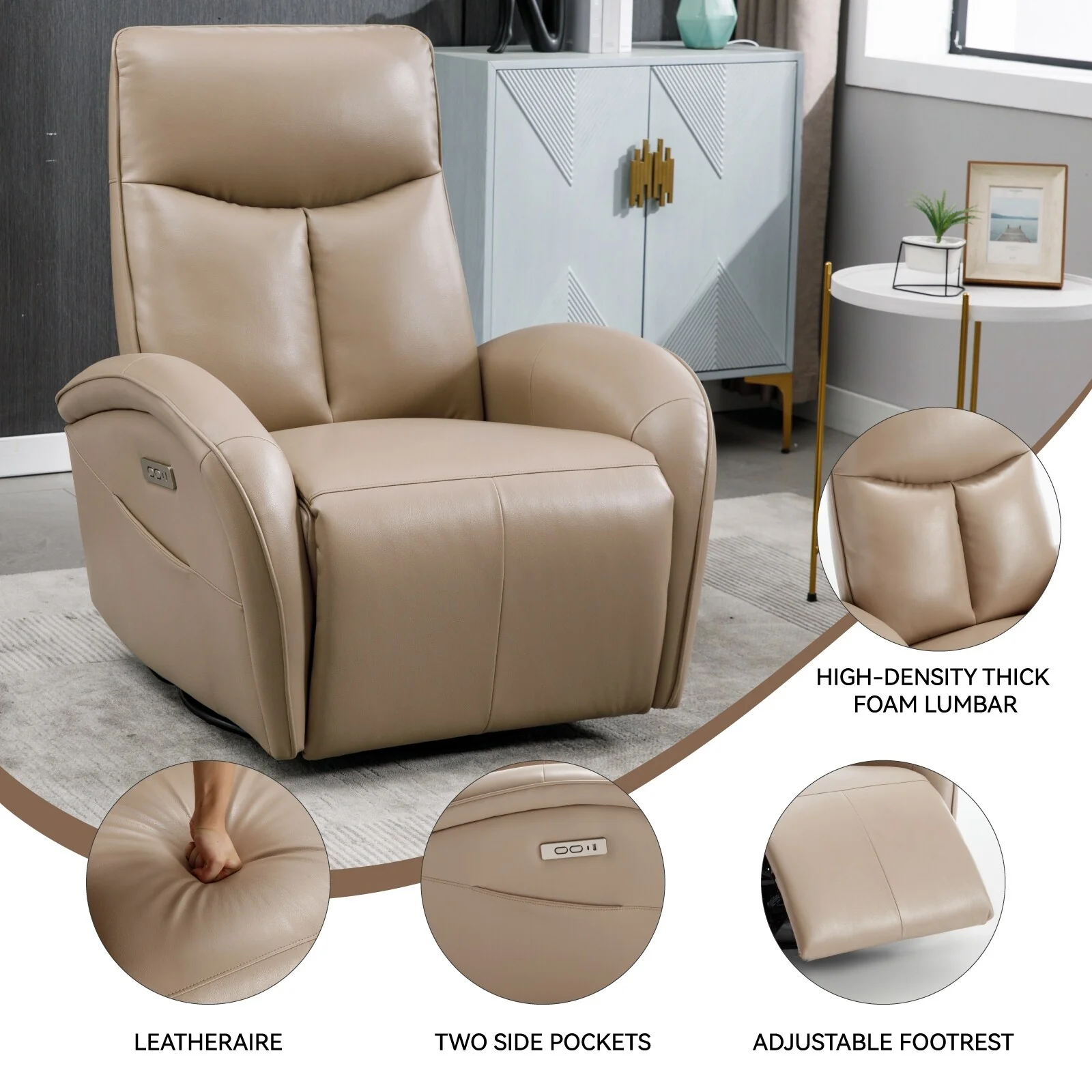 Armless Power Glider Swivel Recliner Chair with USB & High Back