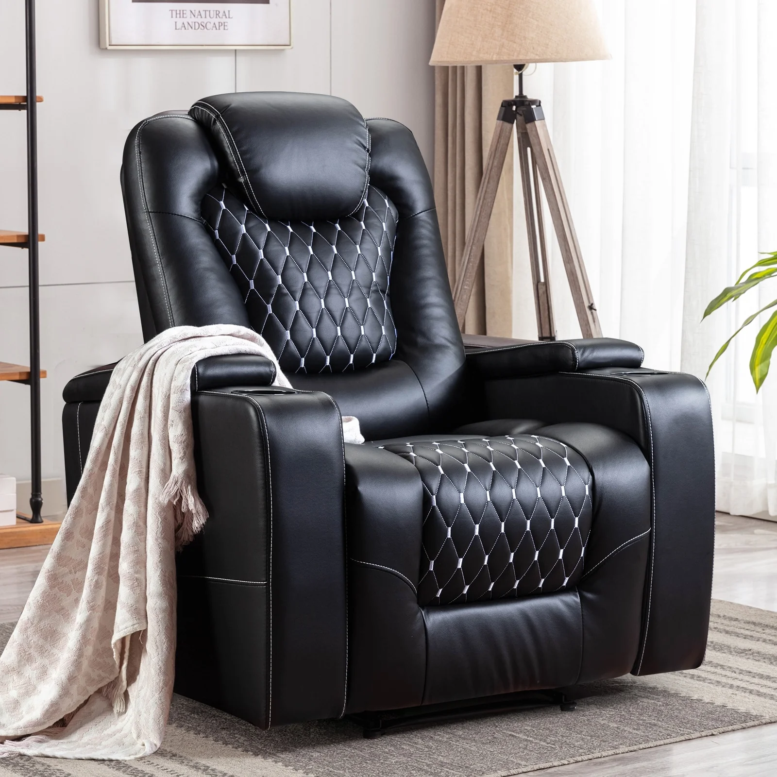 Big Deluxe Black Faux Leather Overstuffed Electric Power Recliner Chair for Elderly with USB Ports, 2 Cup Holders