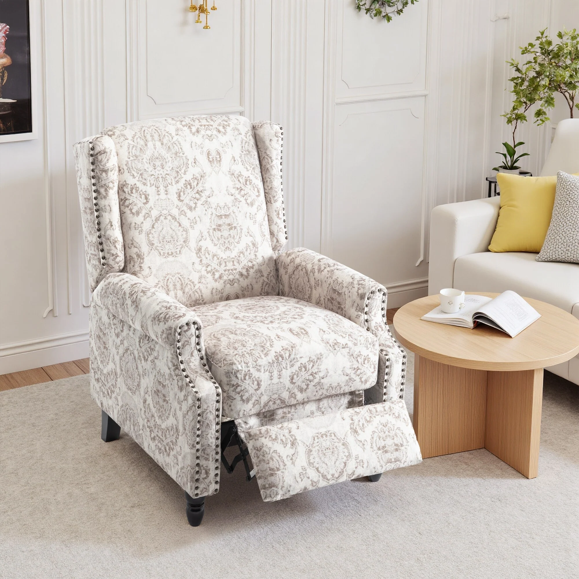 Linen Manual Upholstered Recliner with Wood Legs