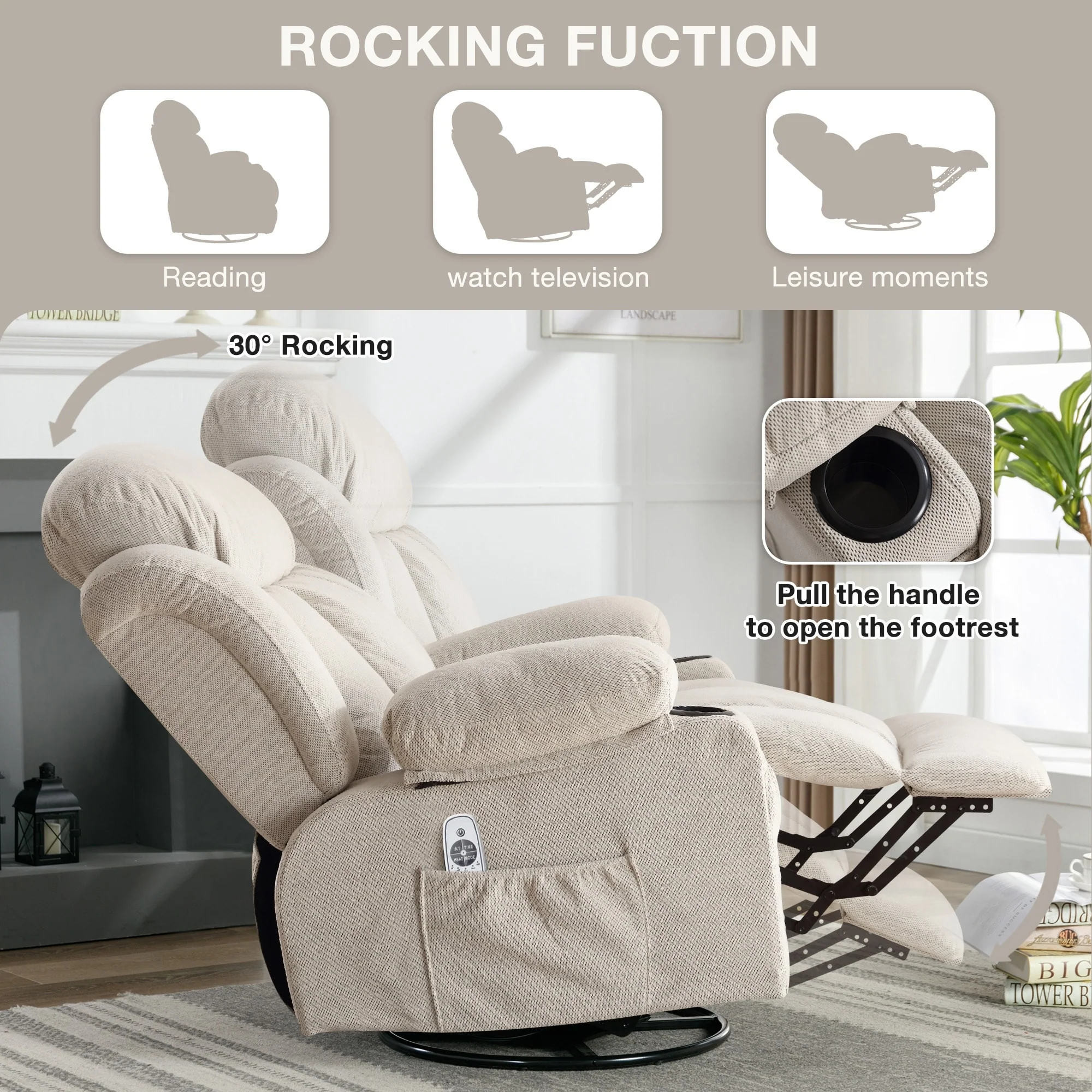 Swinging Recliner Massage Heated Sofa, With Usb And 2 Cup Holders In Side Pockets