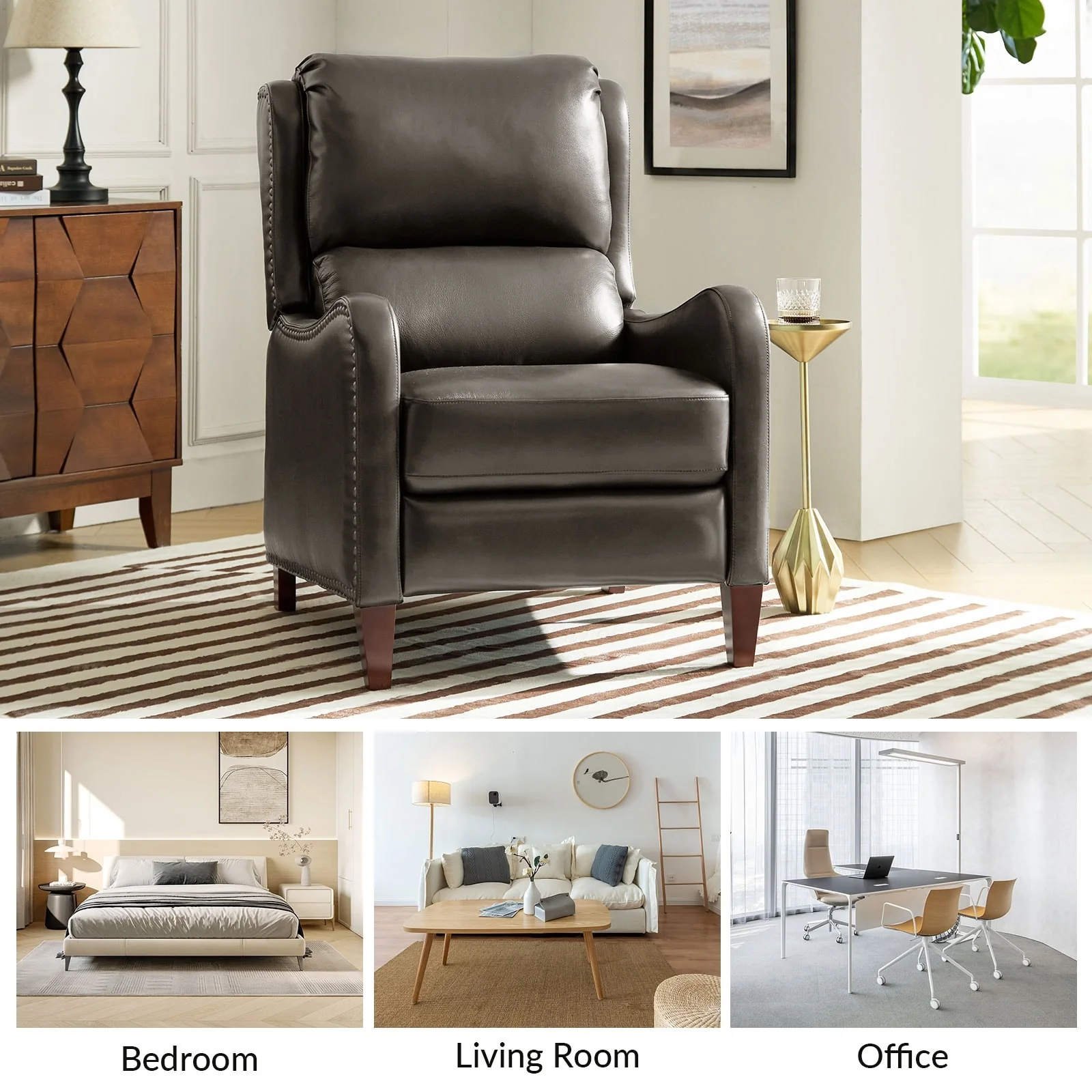 Brigida Modern Genuine Leather Nailhead Trim Recliner with Adjustable Footrest Set of 2 by HULALA HOME