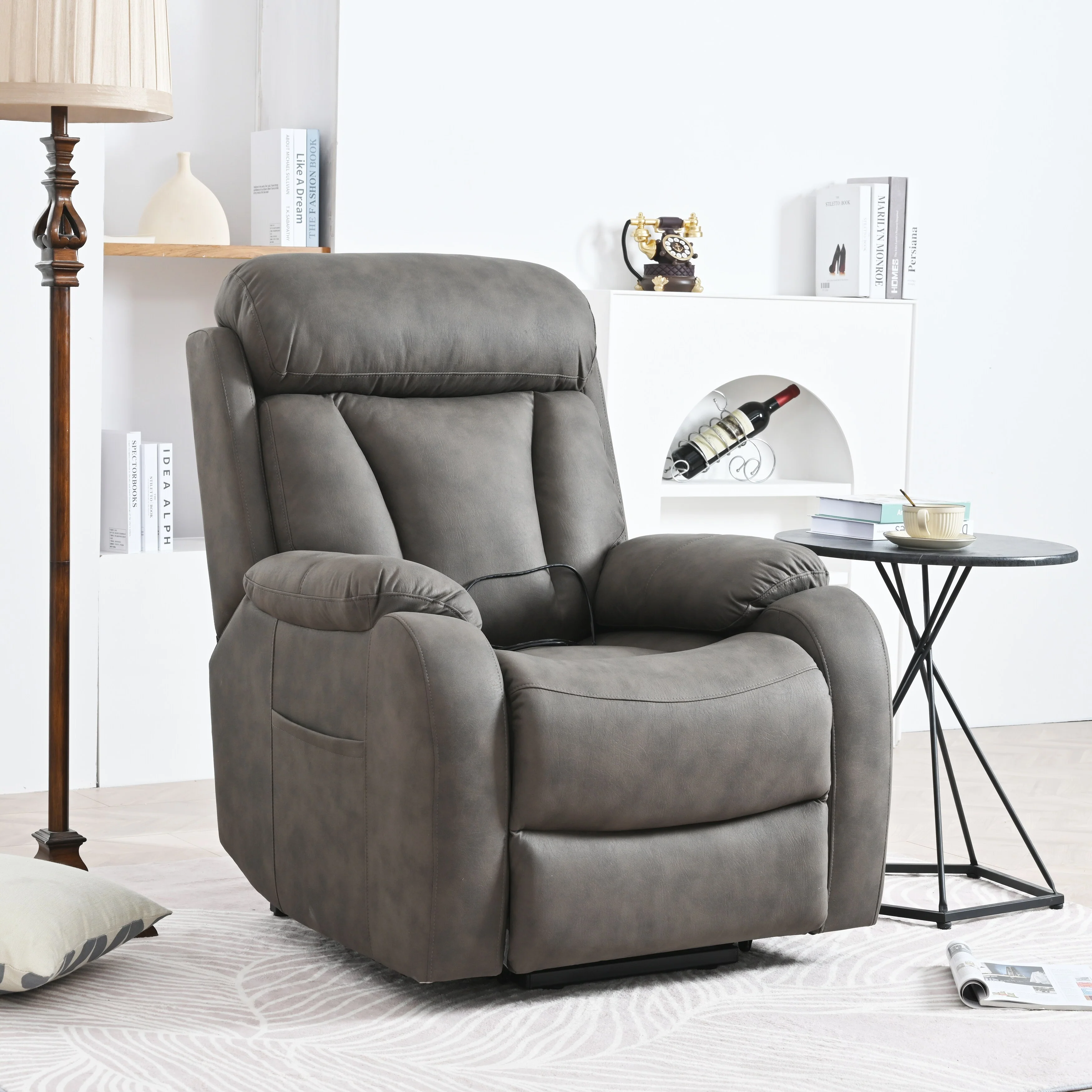 Grey Wide Seat Power Lift Recliner with Remote Control, Side Pocket, and Adjustable Recline Features