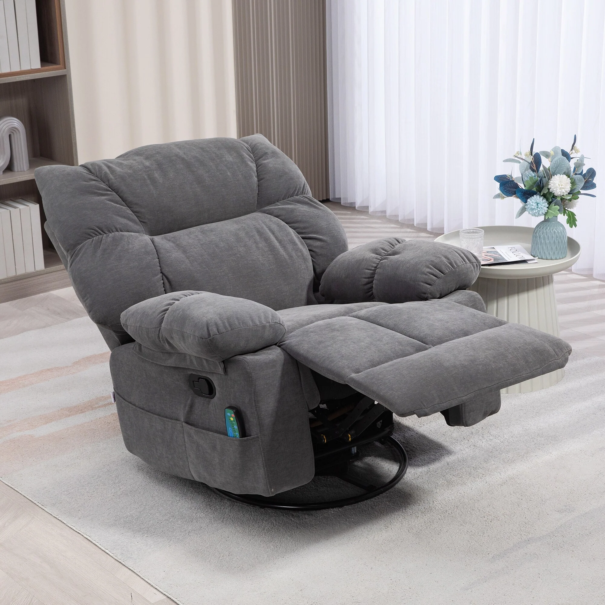 Grey Swivel Manual Recliner Chair with Vibration Massage, Heat, , Footrest, Remote, and 4 Side Pockets
