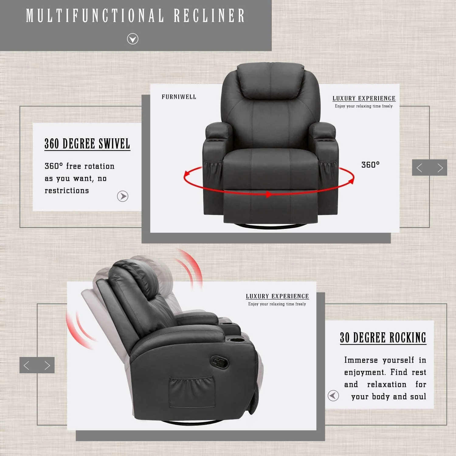 Furniwell Rotary Massage Heated Function Recliner PU Leather Whirl