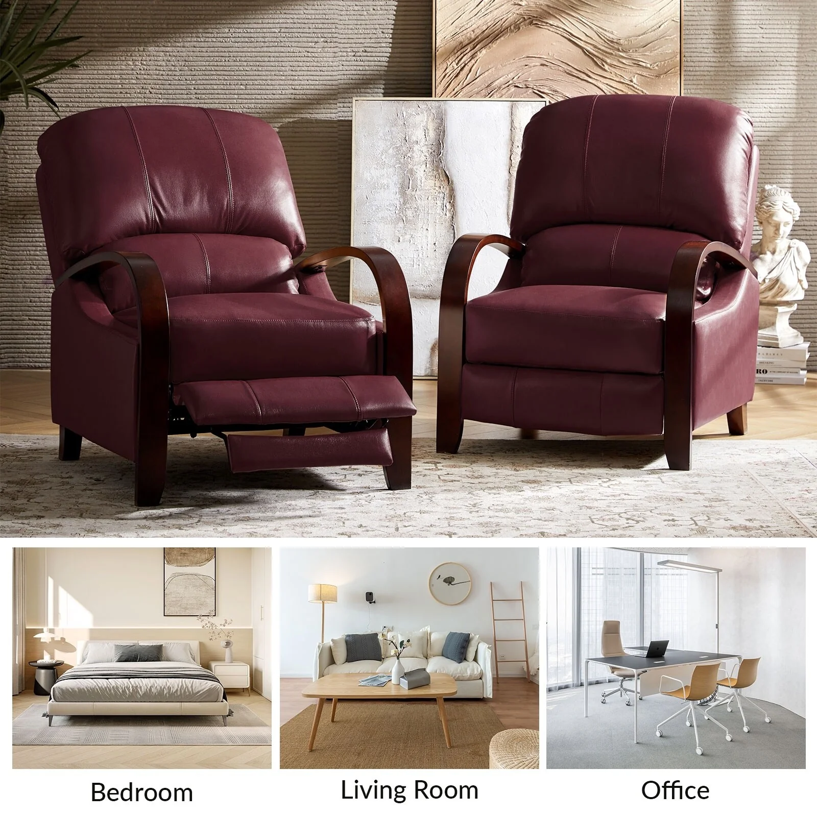 Alex Mid-century Modern Cigar Genuine Leather Manual Recliner with Wooden Curved Arms, Set of 2