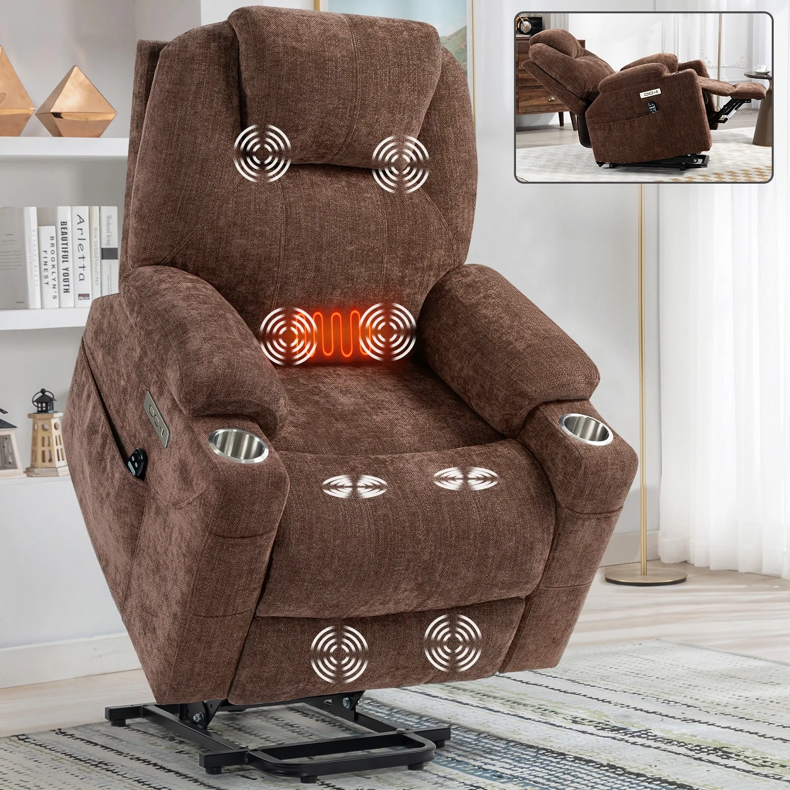 Power Lift Recliner with 8-Point Massage, Lumbar Heat, Dual USB Charging, and Stainless Steel Cup Holders