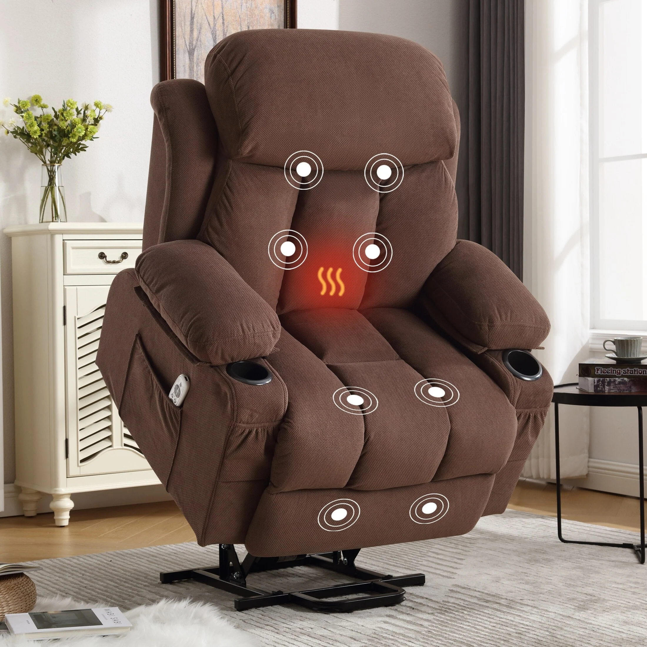 Beige Electric Recliner with Heat, Massage, USB, and Remote Control