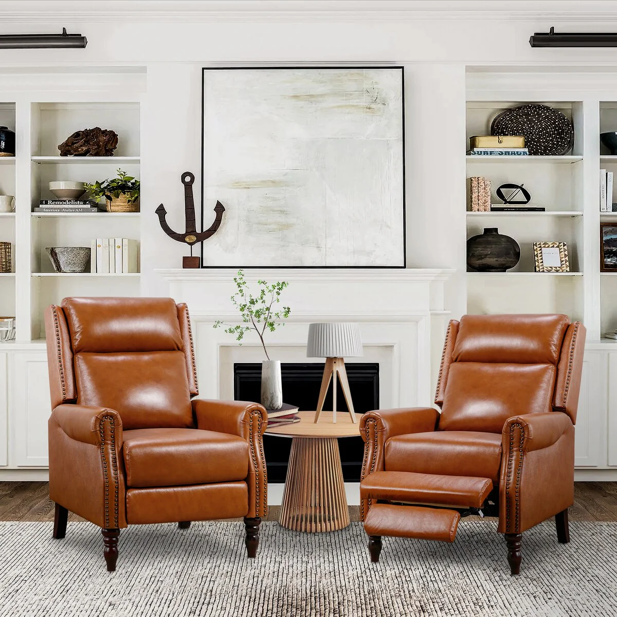 Mid-century Genuine Leather Recliner Adjustable Push Back Comfortable Set of 2 Arm Chairs for Living Room