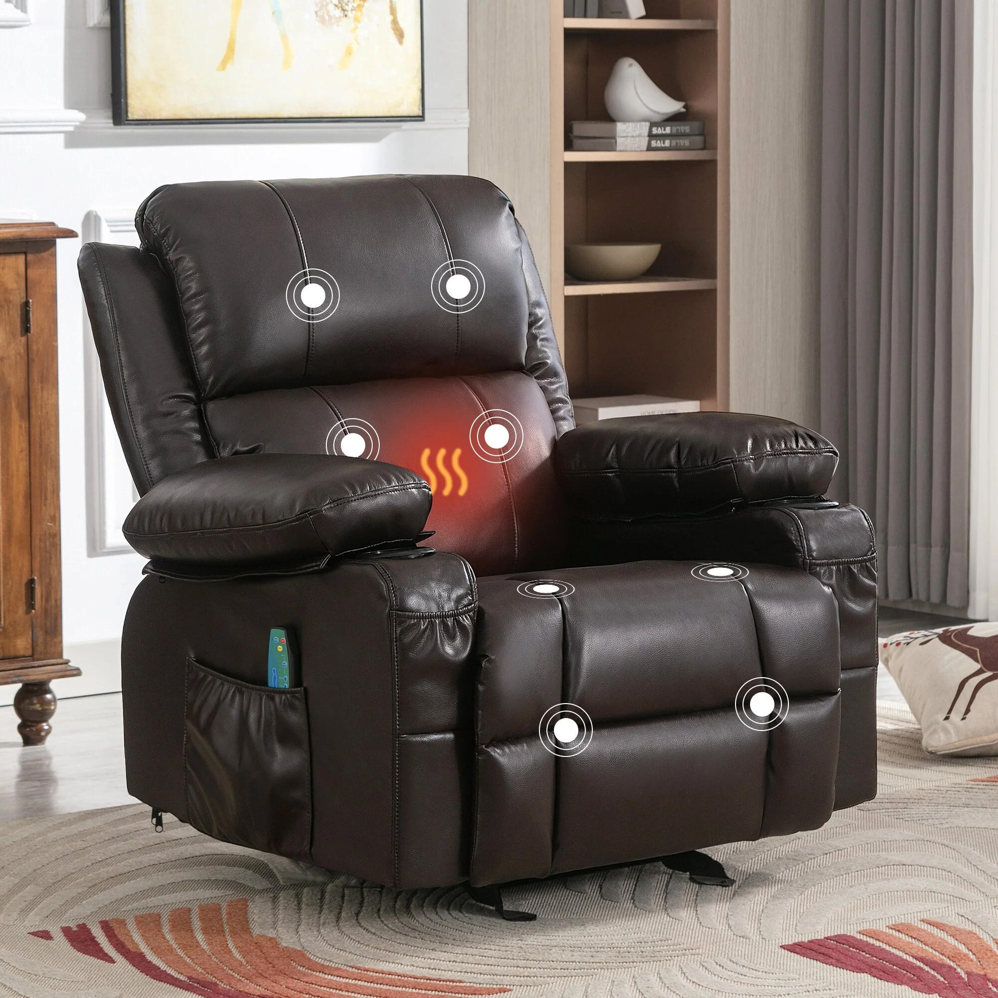 Black Adjustable Recliner Chair with Massage, Heating Features, USB Charging, 2 Cup Holders, and Side Storage