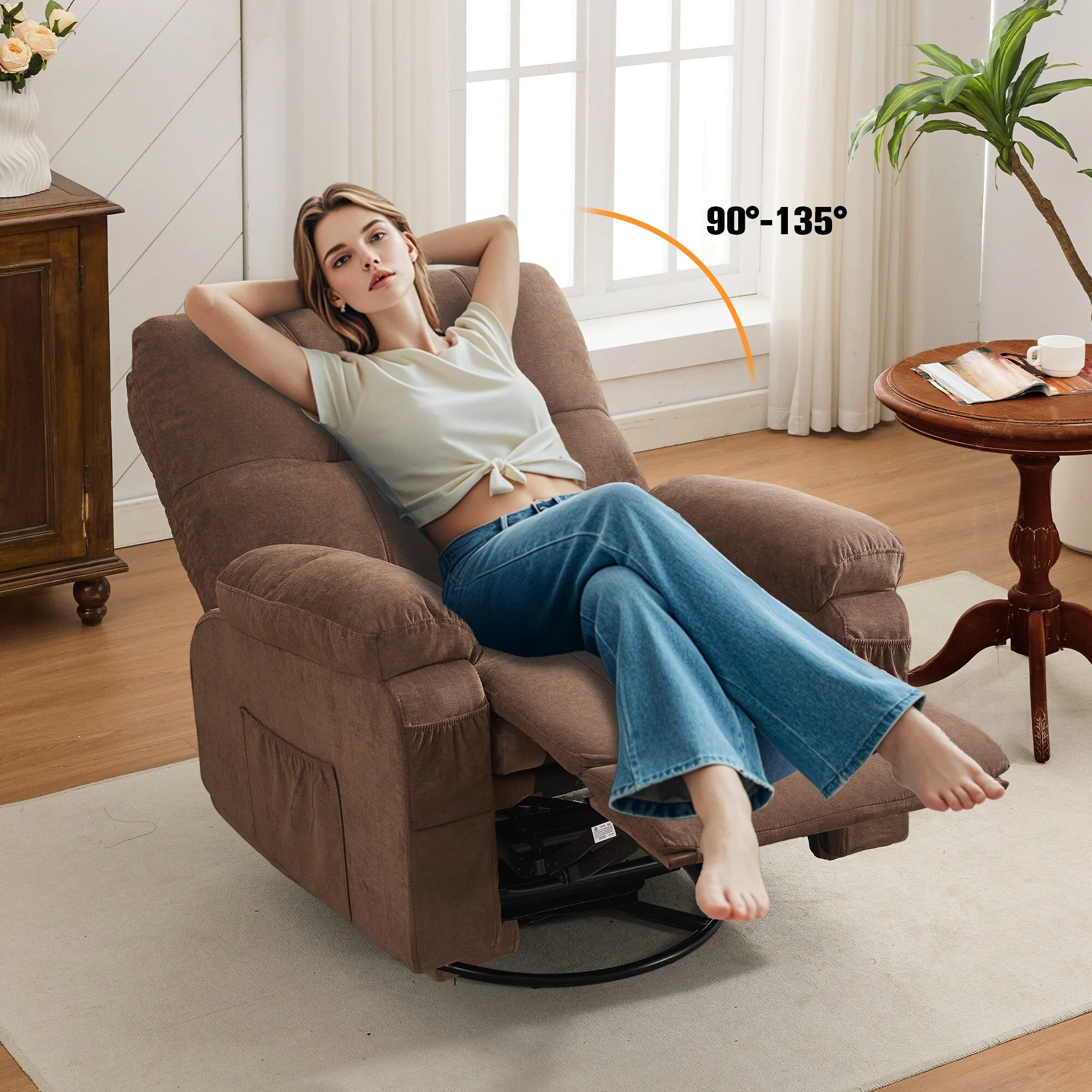 360�� Linen Swivel Rocker Recliner with Side Pockets