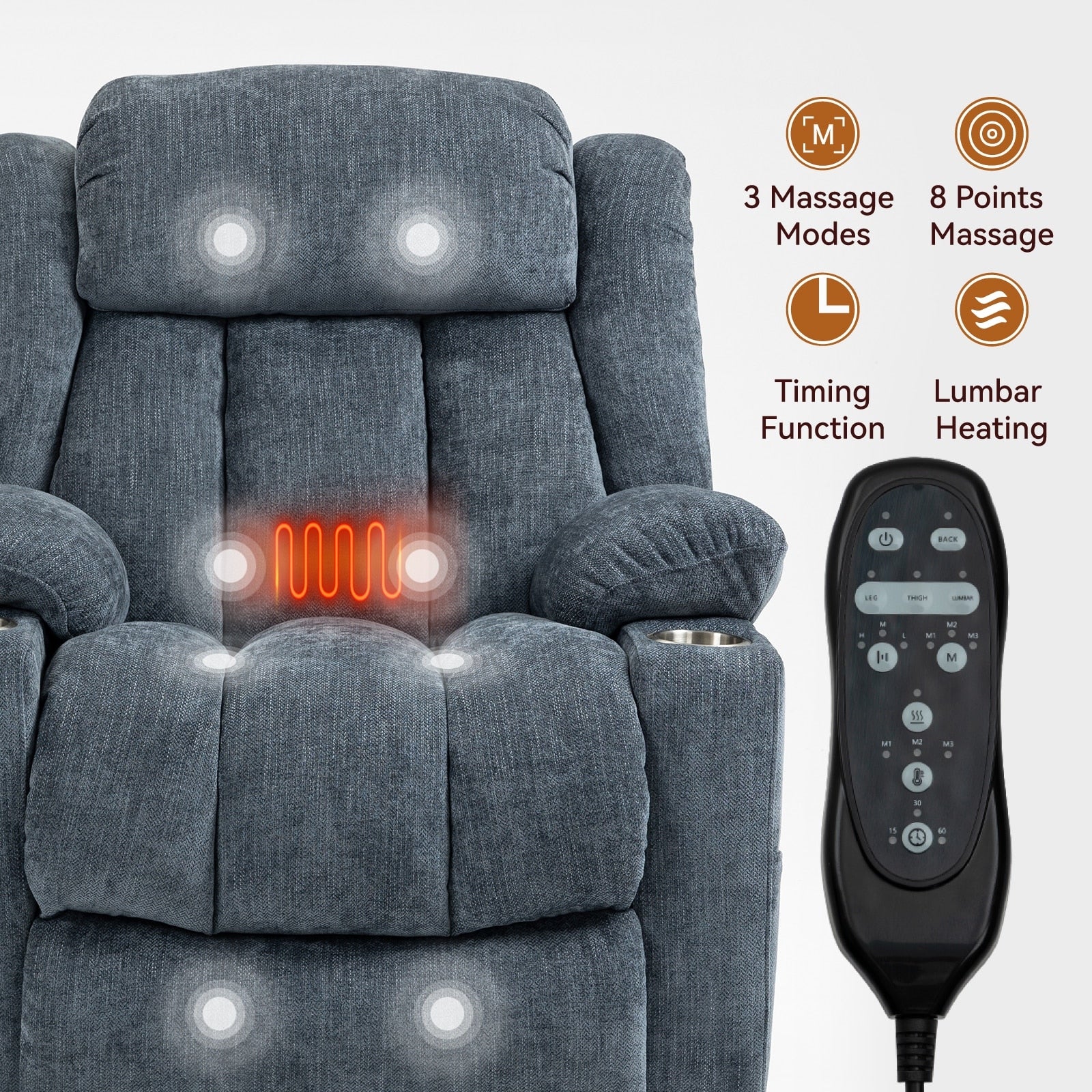 Electric Lift Recliner with Targeted Massage, Lumbar Heating, Dual USB Charging, and Stainless Steel Cup Holders