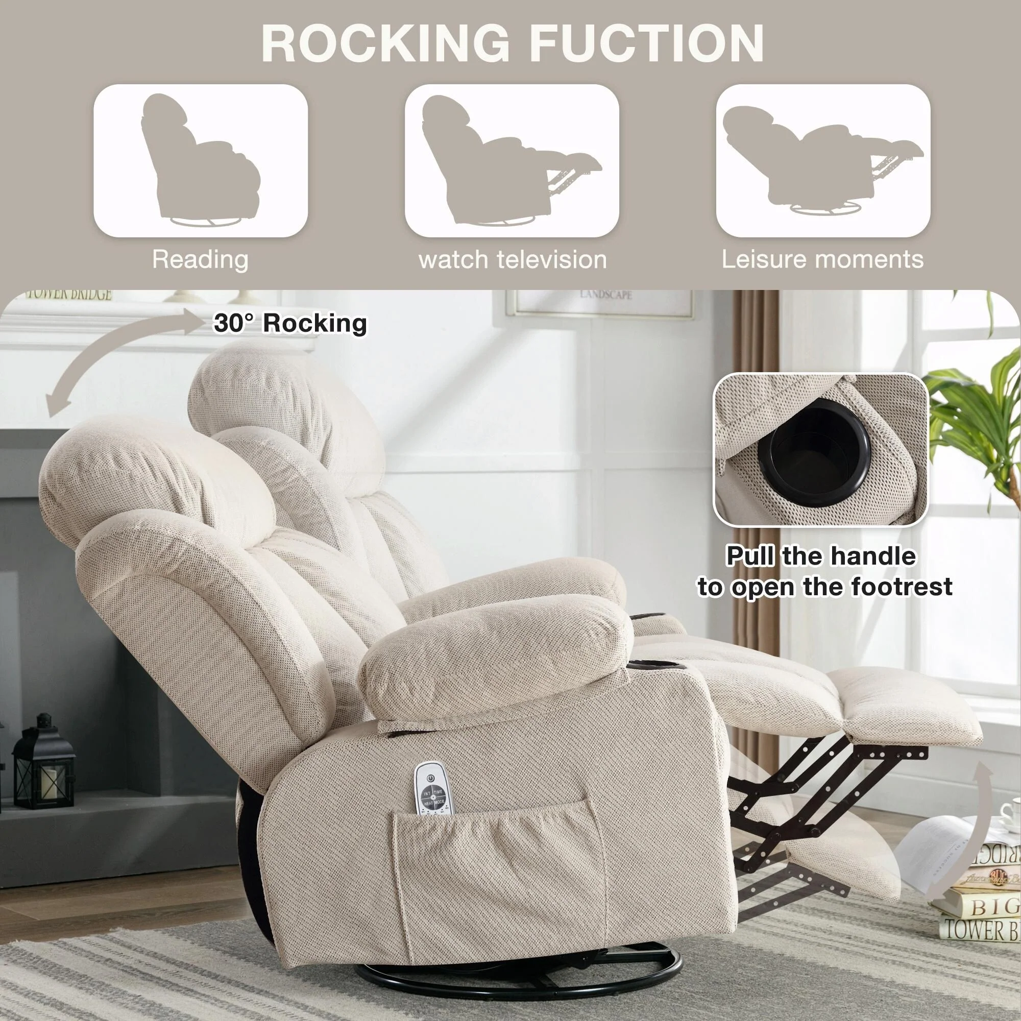 Swinging Recliner Massage Heated Sofa, with USB and 2 Cup Holders in Side Pockets