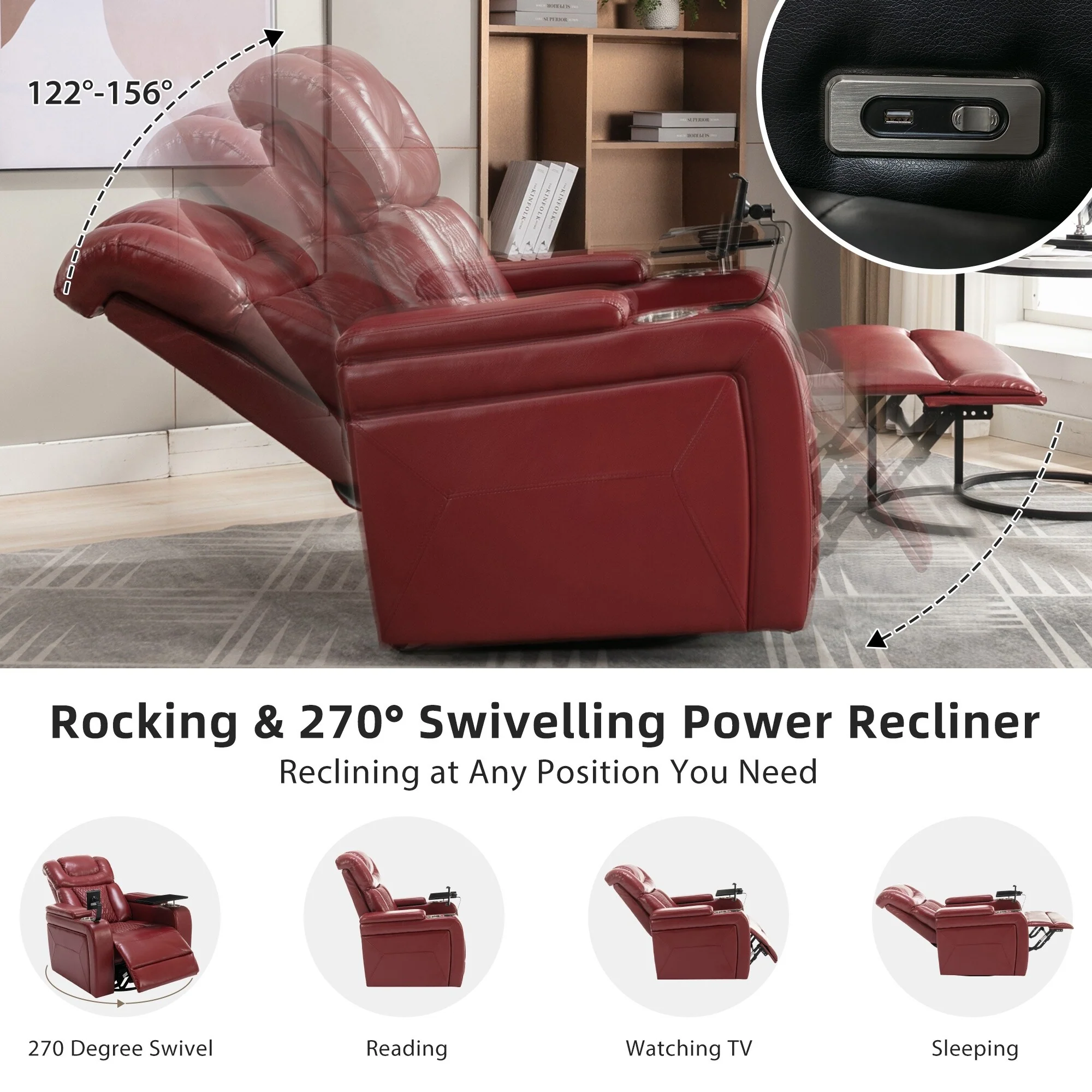 Power Recliner Chair with 270�� Swivel, Tray, USB & Cup Holders