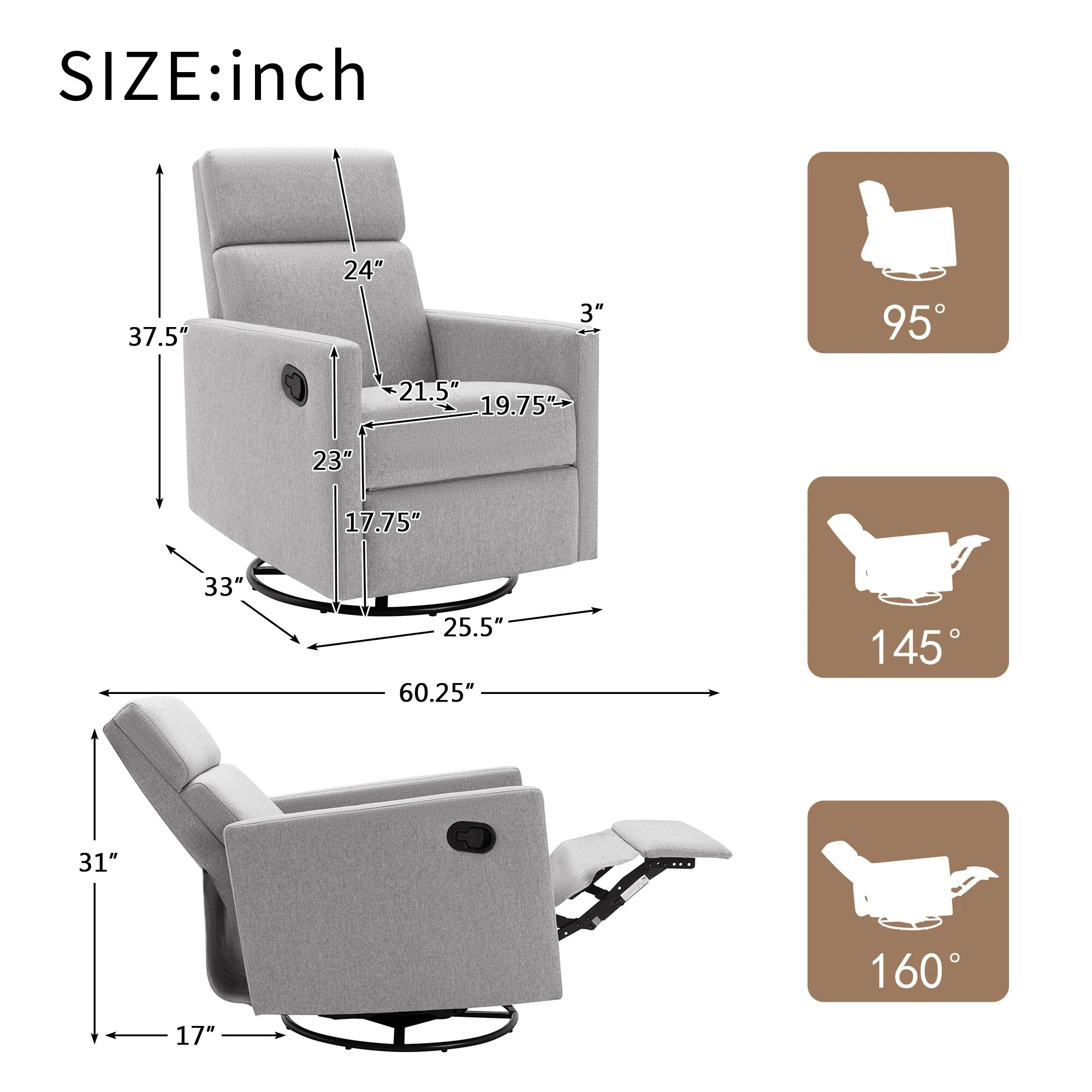 Roomfitters Modern Upholstered Rocker Nursery Chair, Plush Seating Glider Swivel Recliner Chair