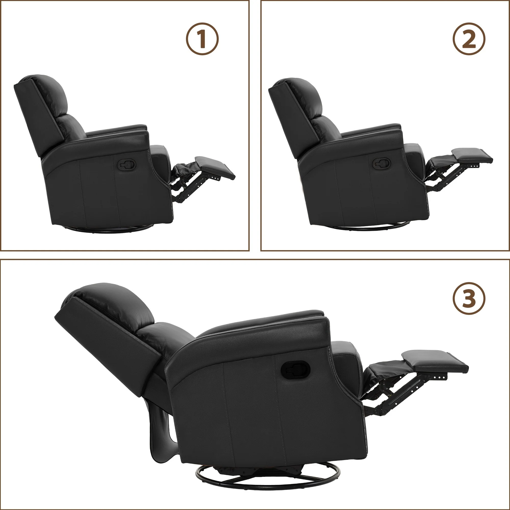 Genuine Leather Manual Rocking Recliner with 360-degree Metal Swivel Base