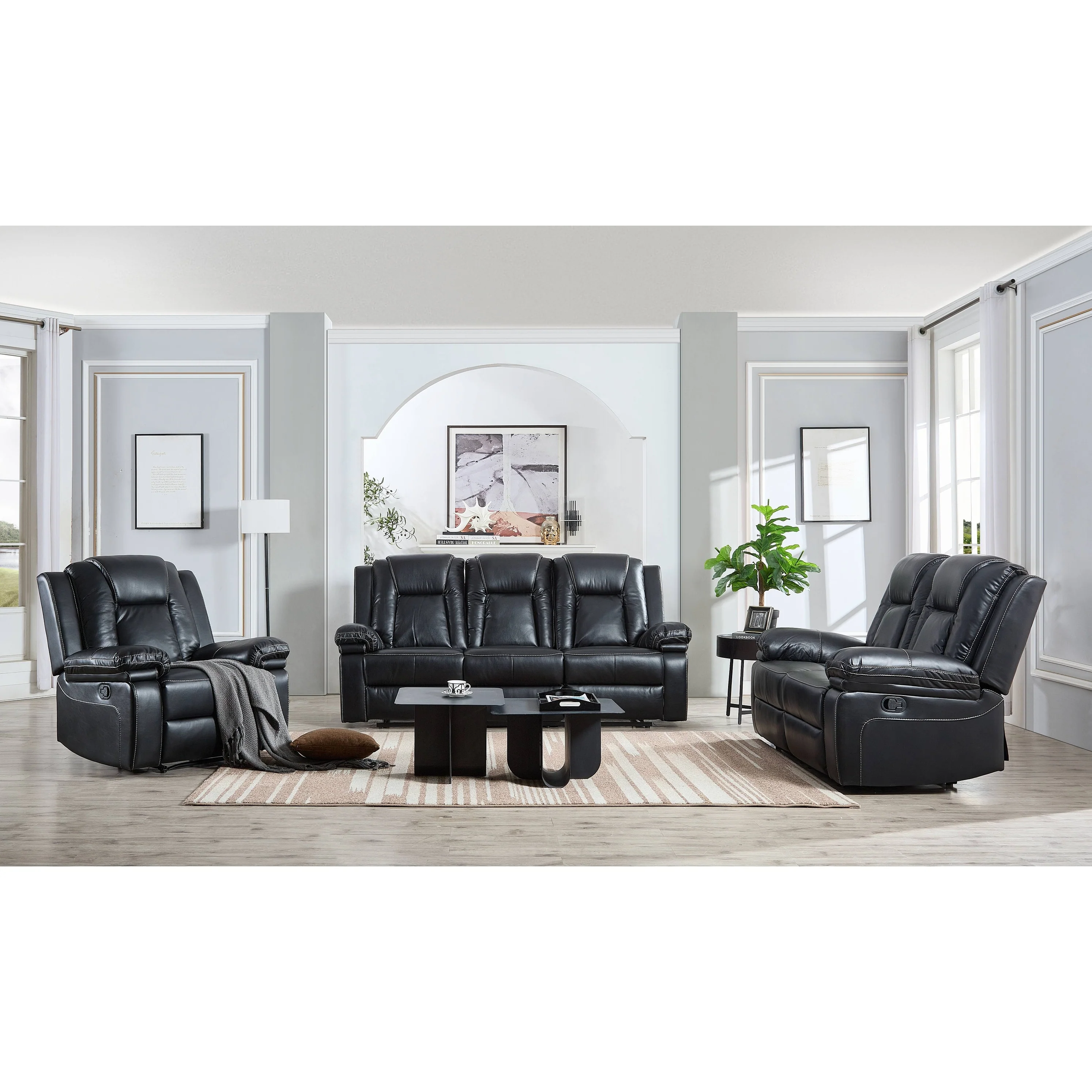 3-PC Bonded Leather Reclining Sofa Loveseat and Chair Living Room Set