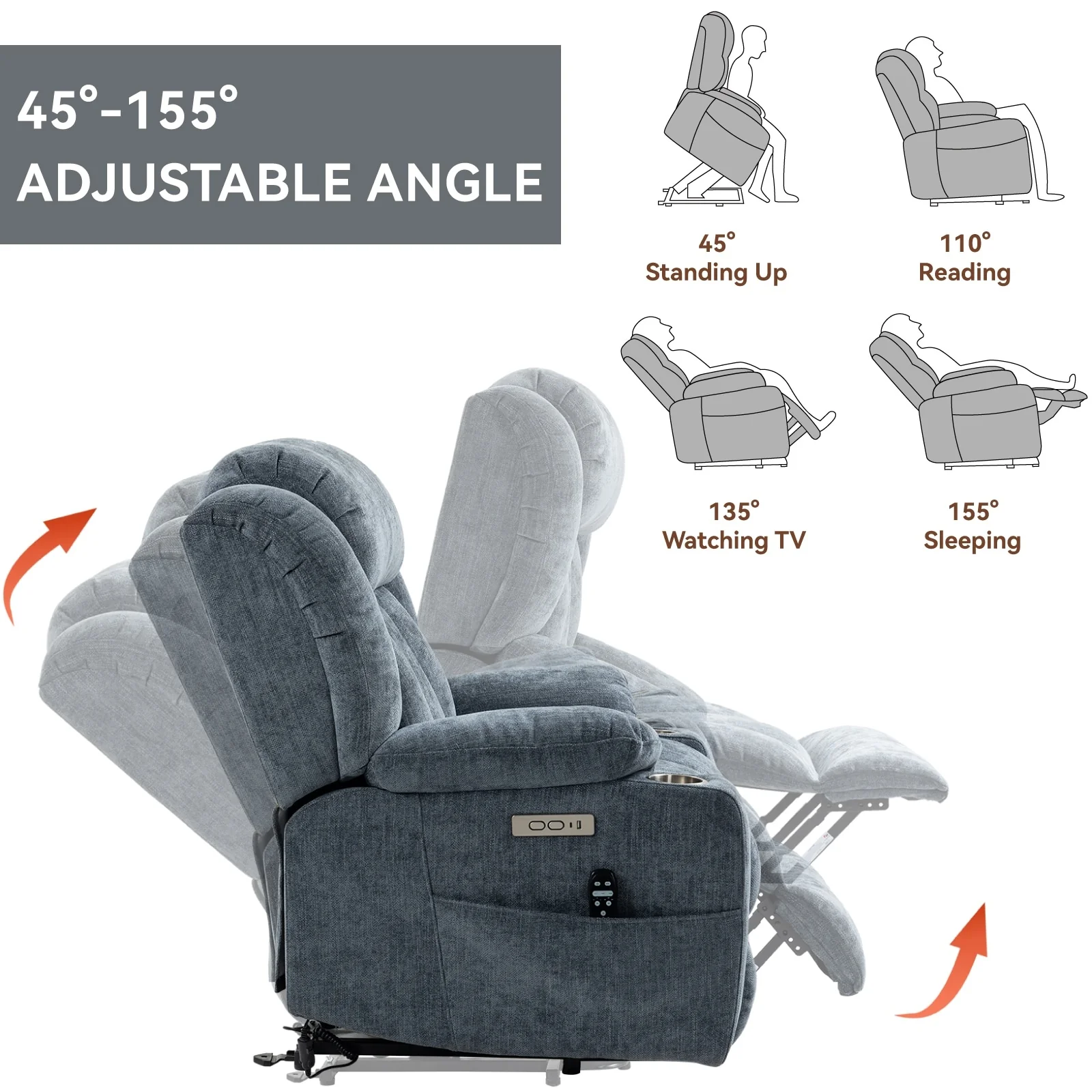 Electric Lift Recliner with Targeted Massage, Lumbar Heating, Dual USB Charging, and Stainless Steel Cup Holders