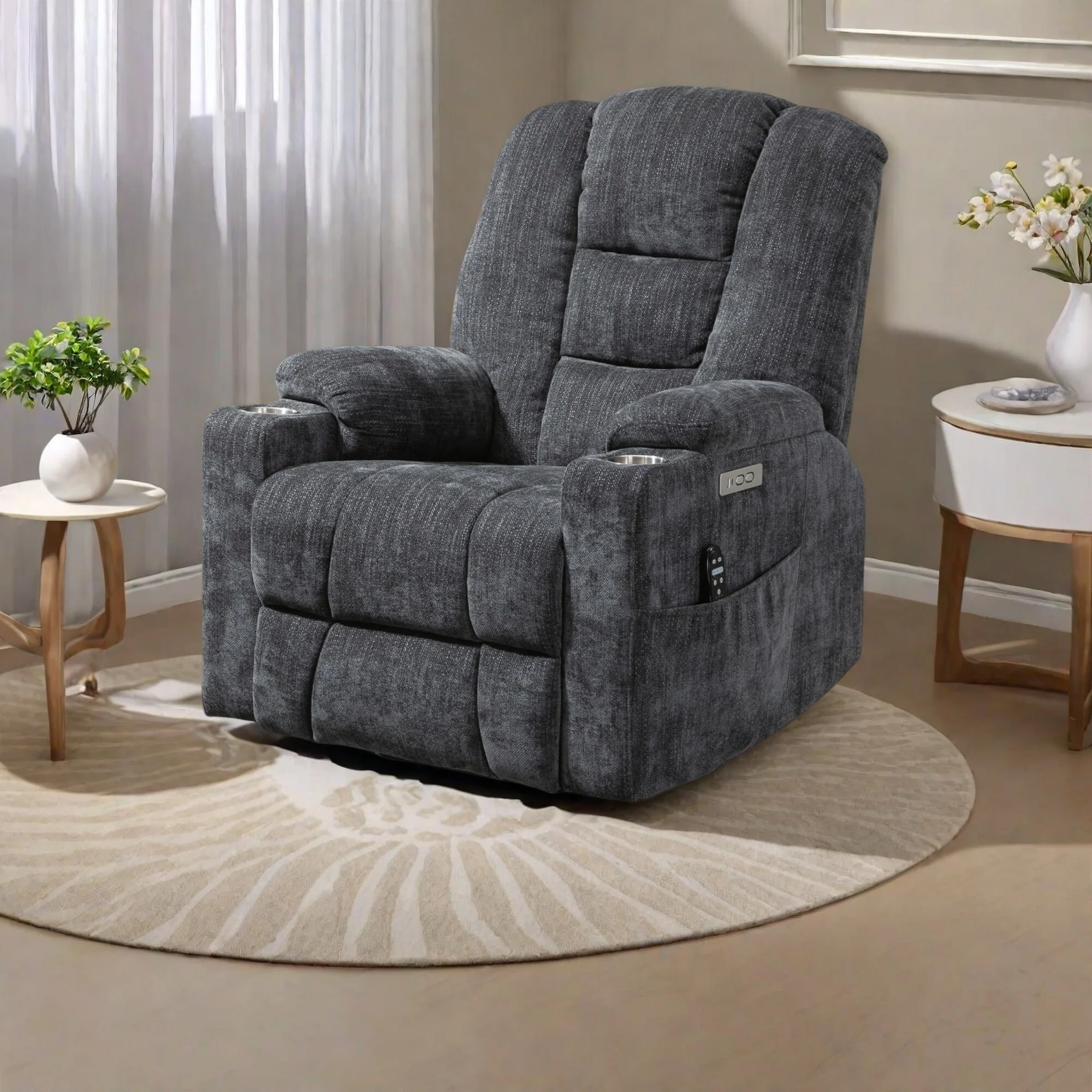Power Lift Recliner Chair with Dual USB Ports, Cup Holders, Chenille Fabric, 155�� Recline, Easy Assembly