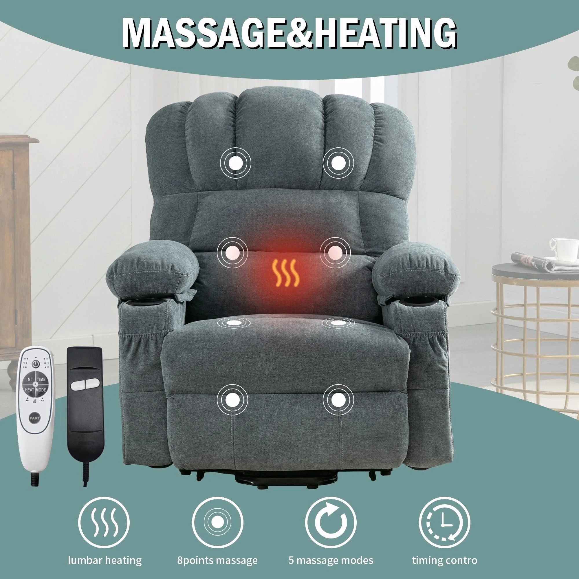 Power Electric Massage Lift Lounge Chair with Heating, Vibration Functions and USB