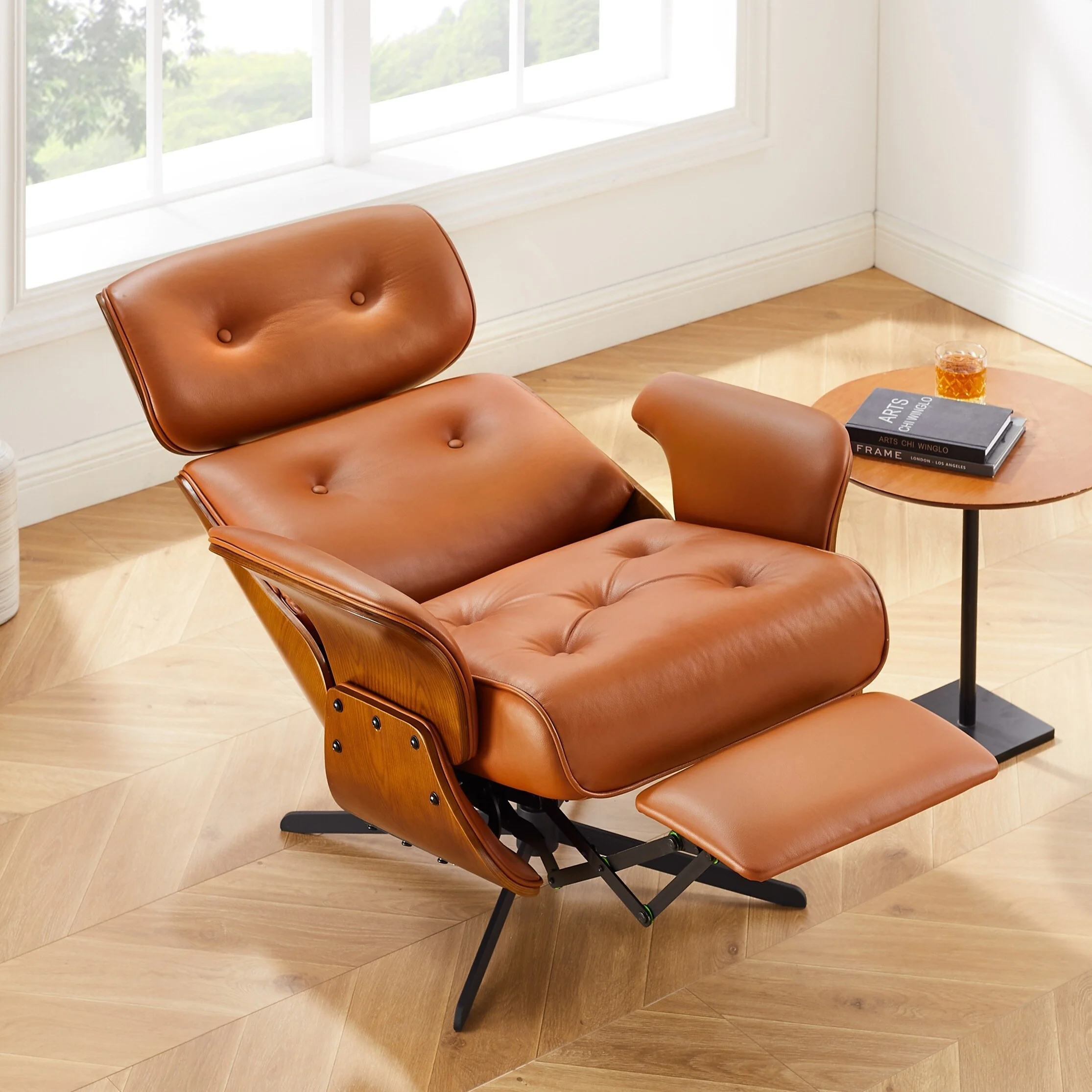 Art Leon Mid-century Modern Genuine Leather Lounge Chair Recliner
