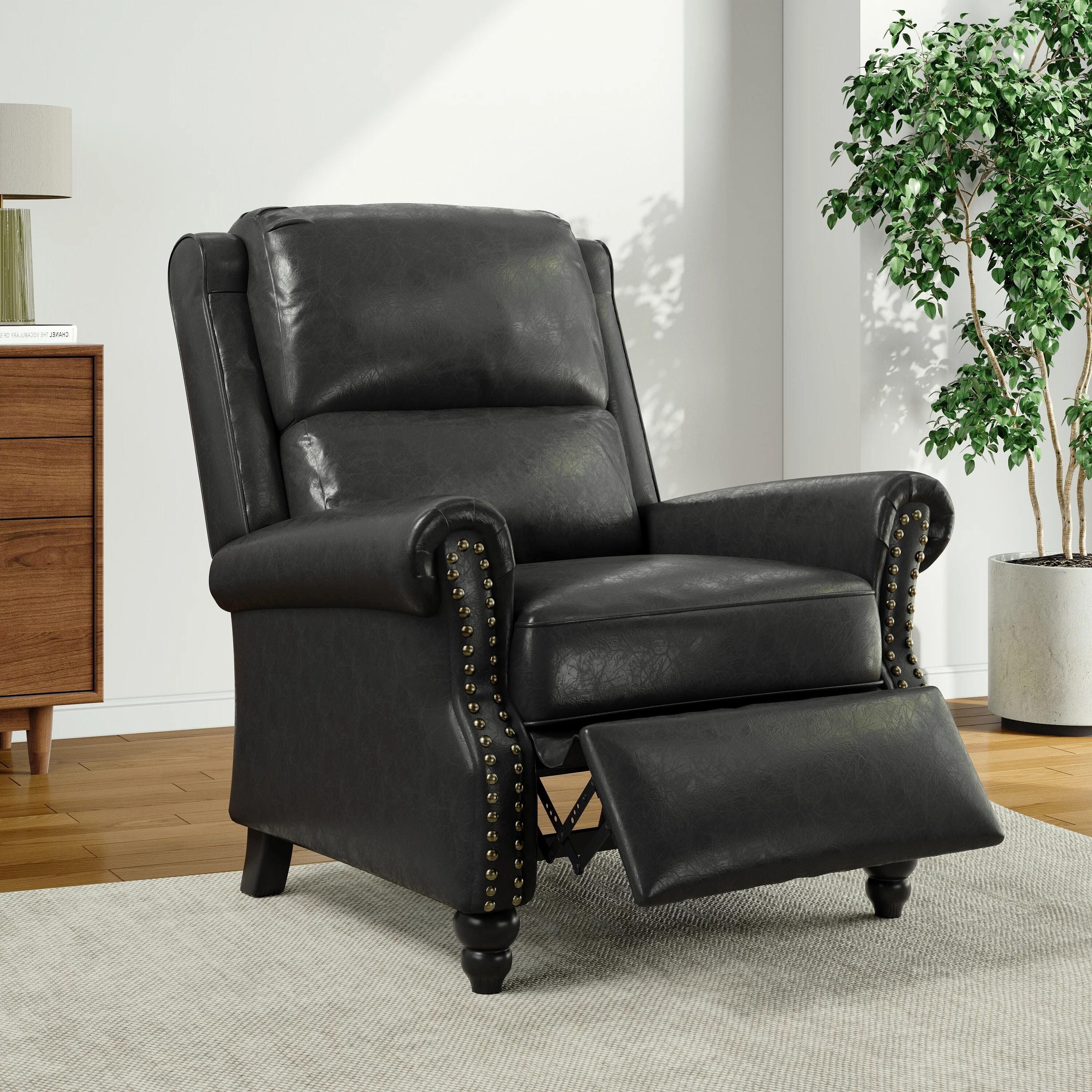 Alisa 35'' W Vegan Leather/ Linen Glider Push Back Recliner Chair