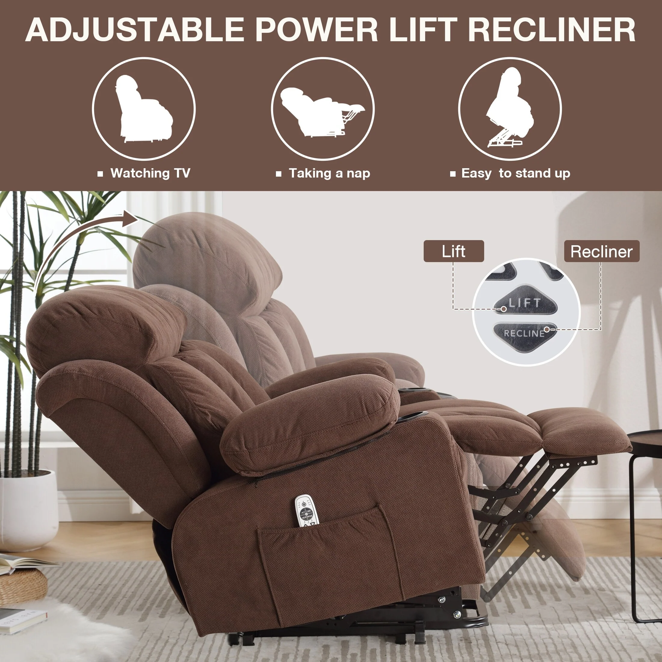 Grey Power Lift Recliner with Heat, Massage, USB, and Remote Control