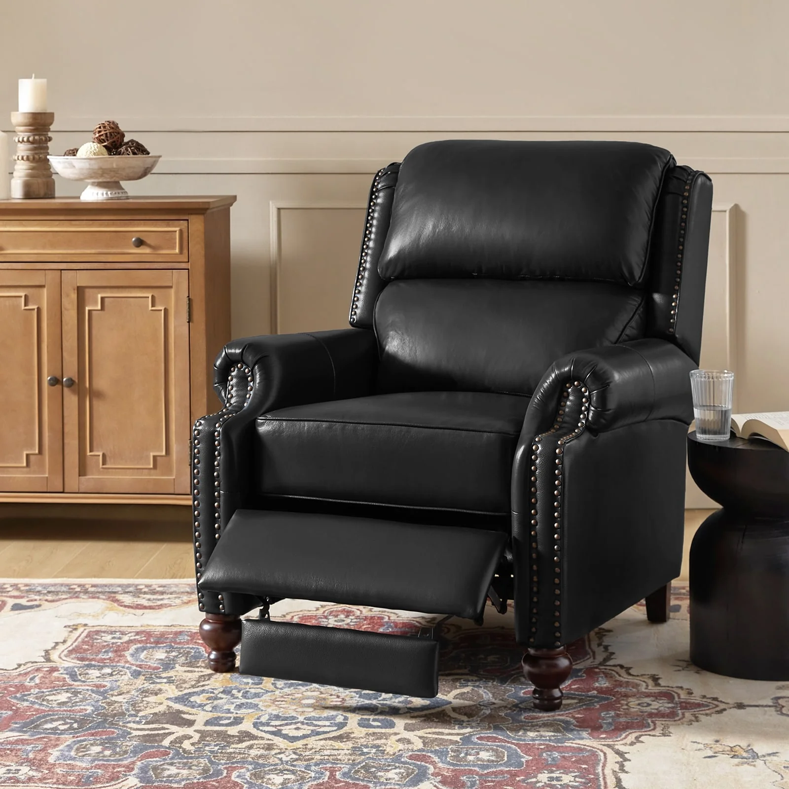 Gabriela Mid-Century Modern Genuine Leather Recliner with Tapered Block Feet by HULALA HOME