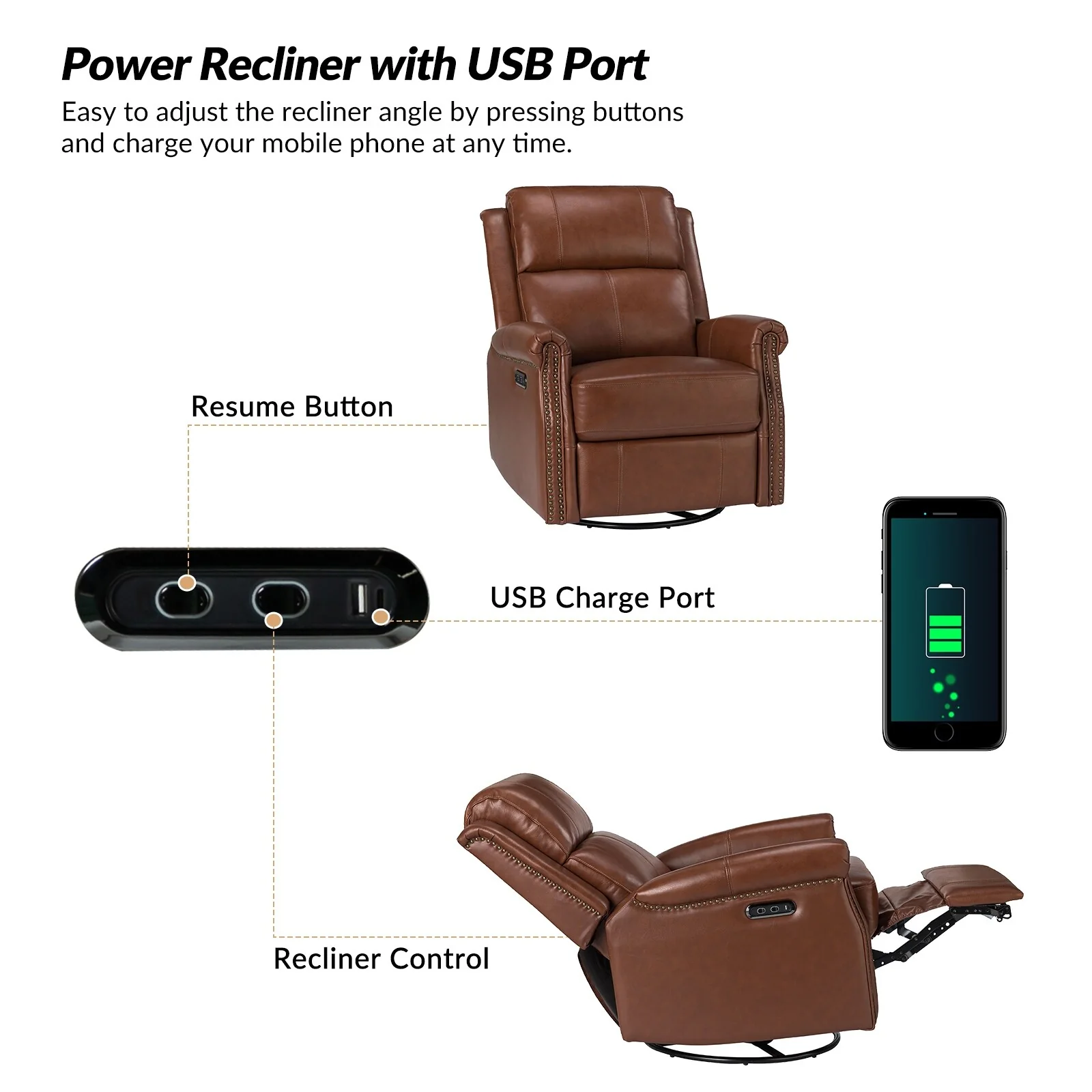 Renato Traditional Genuine Leather Nailhead Power Swivel Recliner Chair with Metal Base Set of 2 by HULALA HOME