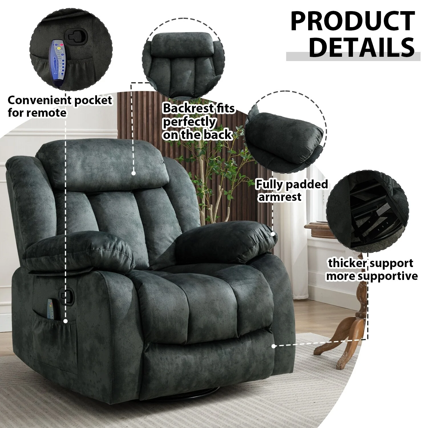 360�� Rotatable Swing Manual Massage Rocker Recliner With Heat And Vibration
