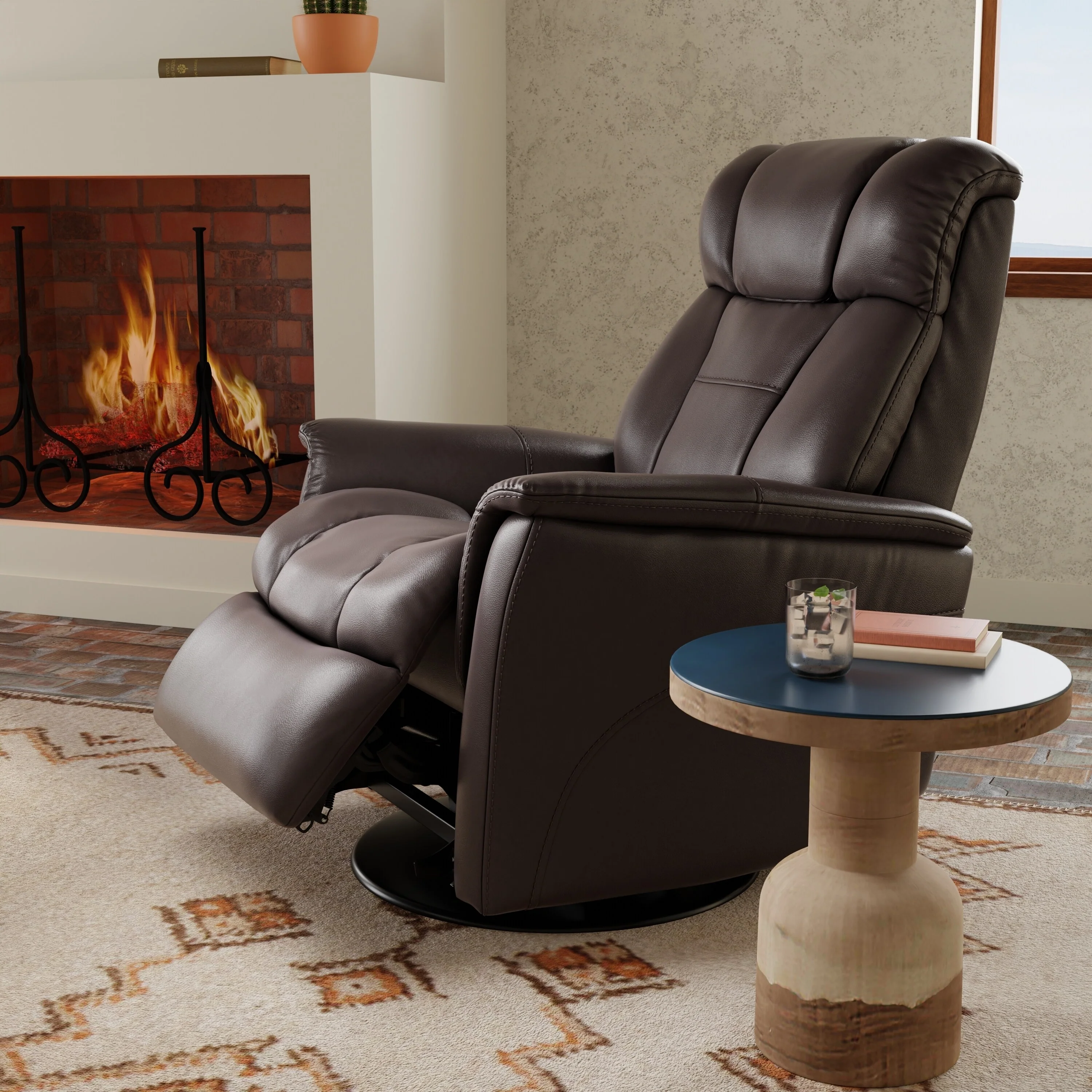 Global Home Swivel Glider Recliner with Manual Adjustable Headrest  Footrest In Faux Leather Bentley