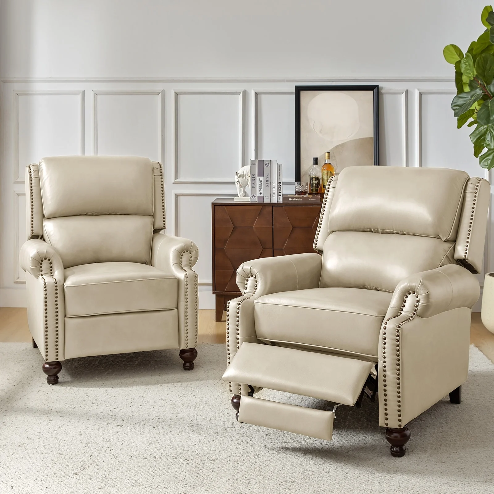 Gabriela Mid-Century Modern Genuine Leather Recliner Nail Head Trim Set of 2 by HULALA HOME