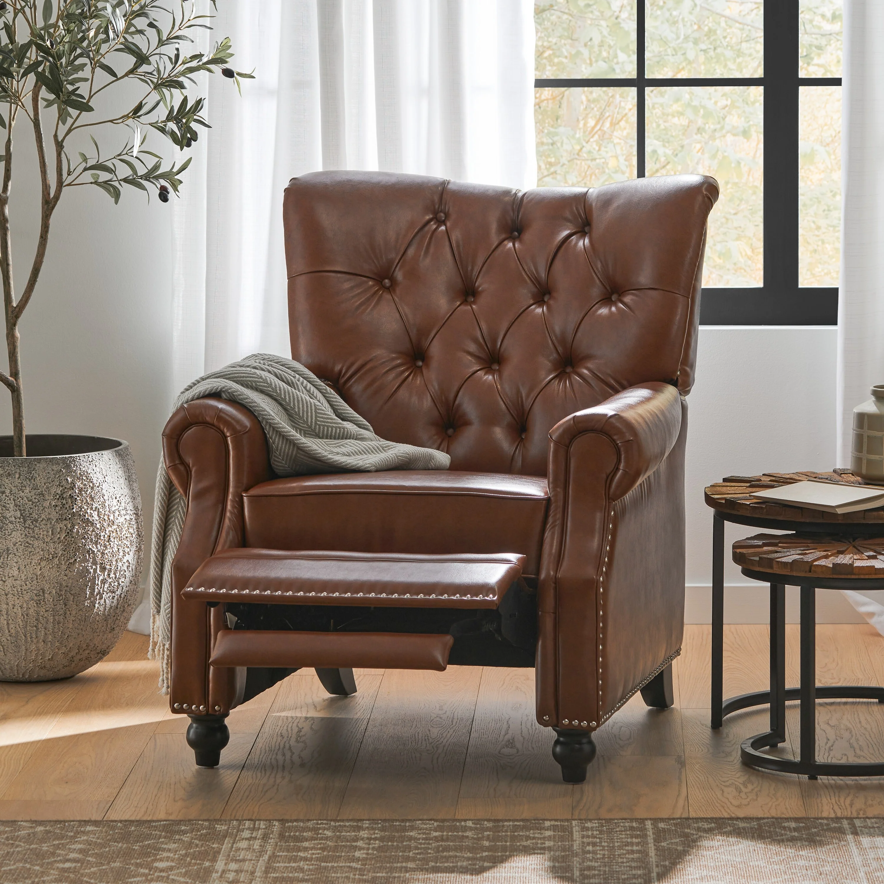 Roomfitters Recliner Chair with Button Tufting and Nailhead Trim, Push-Back Lounge Accent Chair