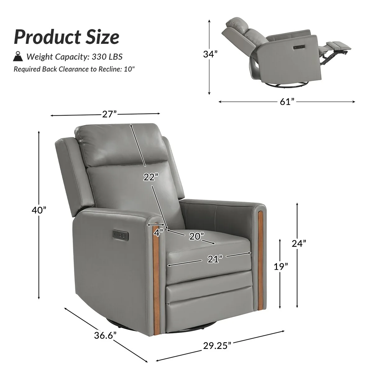 Jaime Modern Genuine Leather Rocking Swivel Power Recliner with Adjustable Headrest and Footrest by HULALA HOME