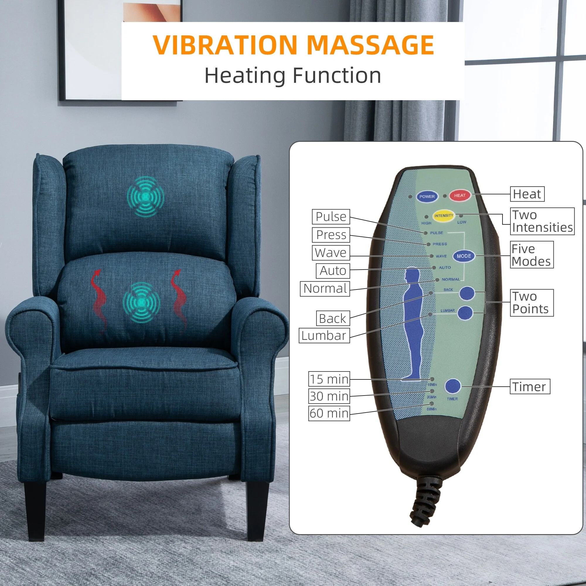 Heated Massage Recliner Chair with Lumbar Heating  Remote Controller