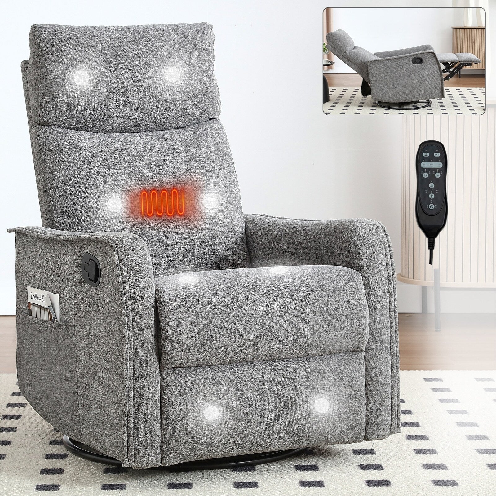 8 Point Vibration 360�� Swivel Massage Chair, Adjustable Backrest Manual Recliner Chair with Massage and Lumbar Heating