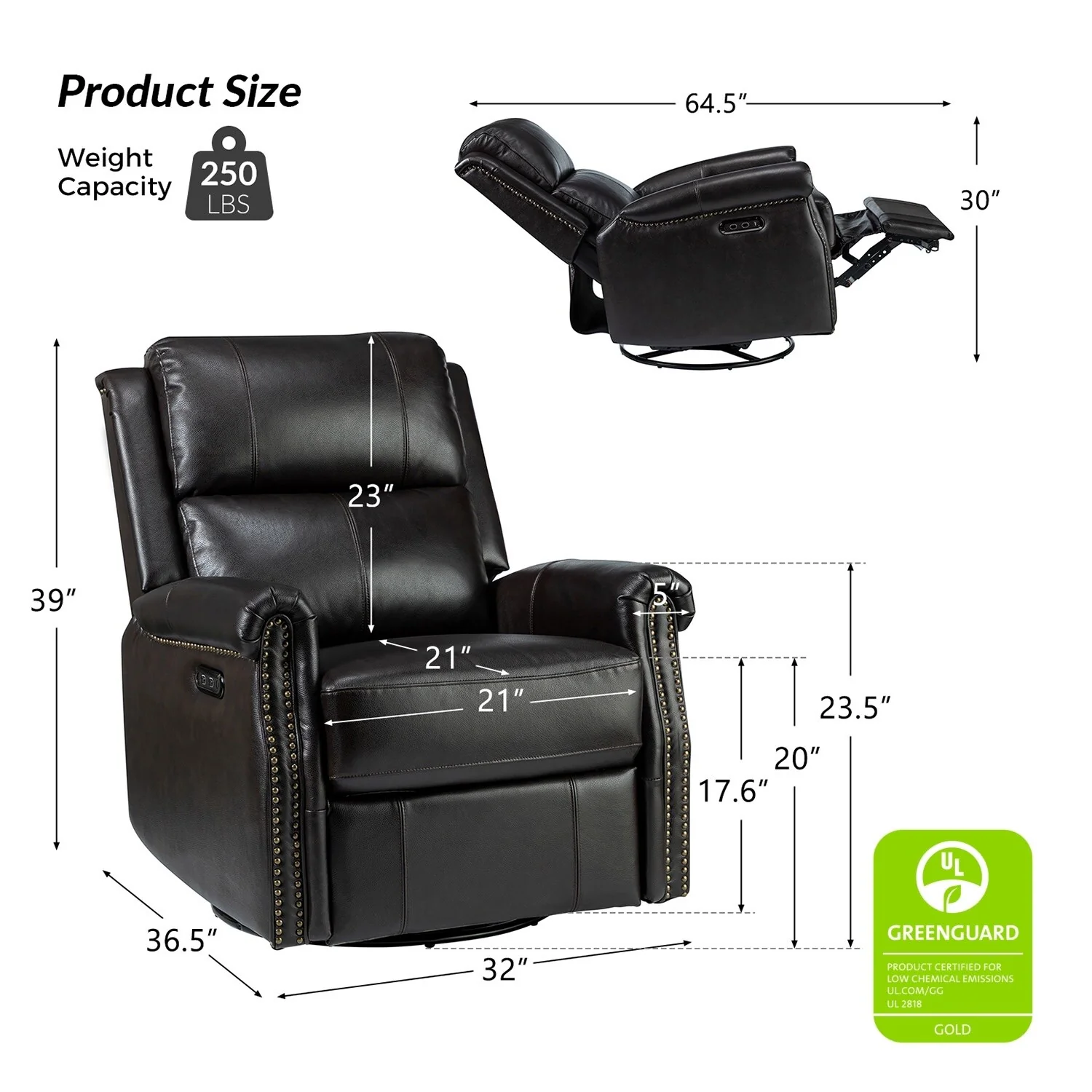Renato Traditional Genuine Leather Nailhead Power Swivel Recliner Chair with Metal Base Set of 2 by HULALA HOME
