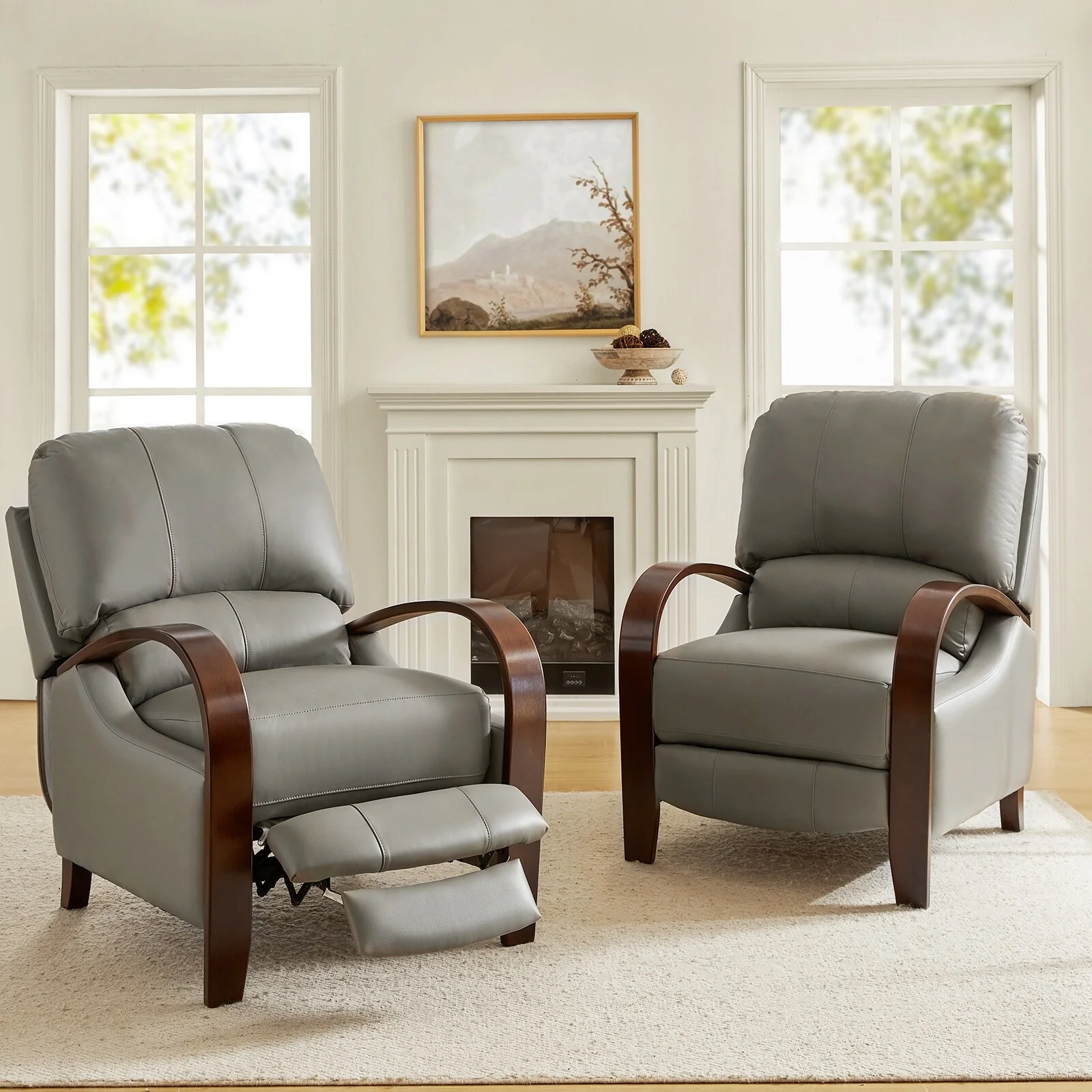 Alex Mid-century Modern Cigar Genuine Leather Manual Recliner with Wooden Curved Arms, Set of 2