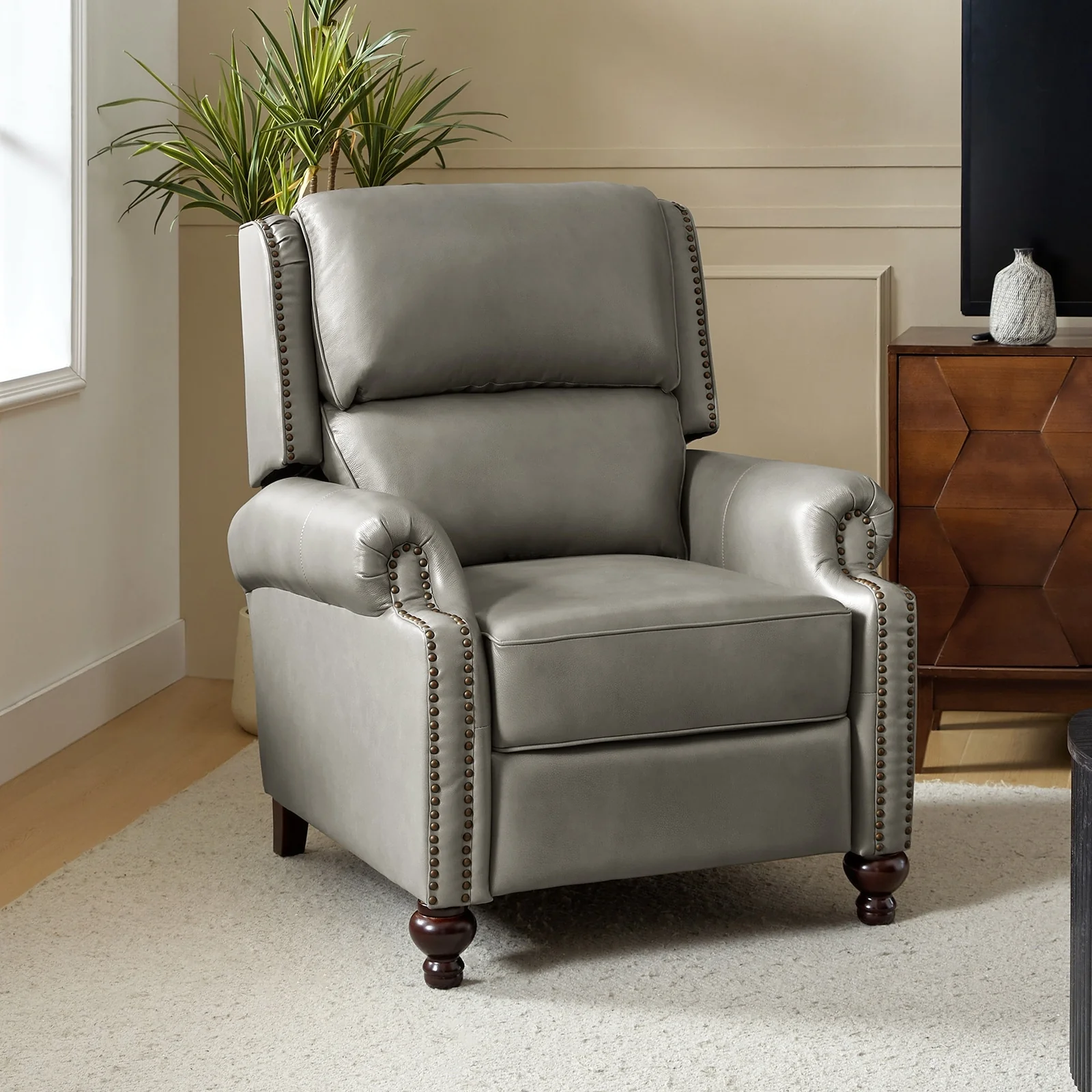 Gabriela Mid-Century Modern Genuine Leather Recliner with Tapered Block Feet by HULALA HOME